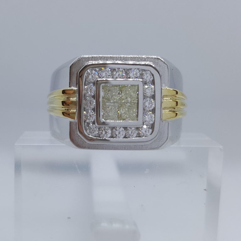 Princess Cut 18kt Two-Tone Gold Invisible Diamond Mens Ring, .75cttw For Sale