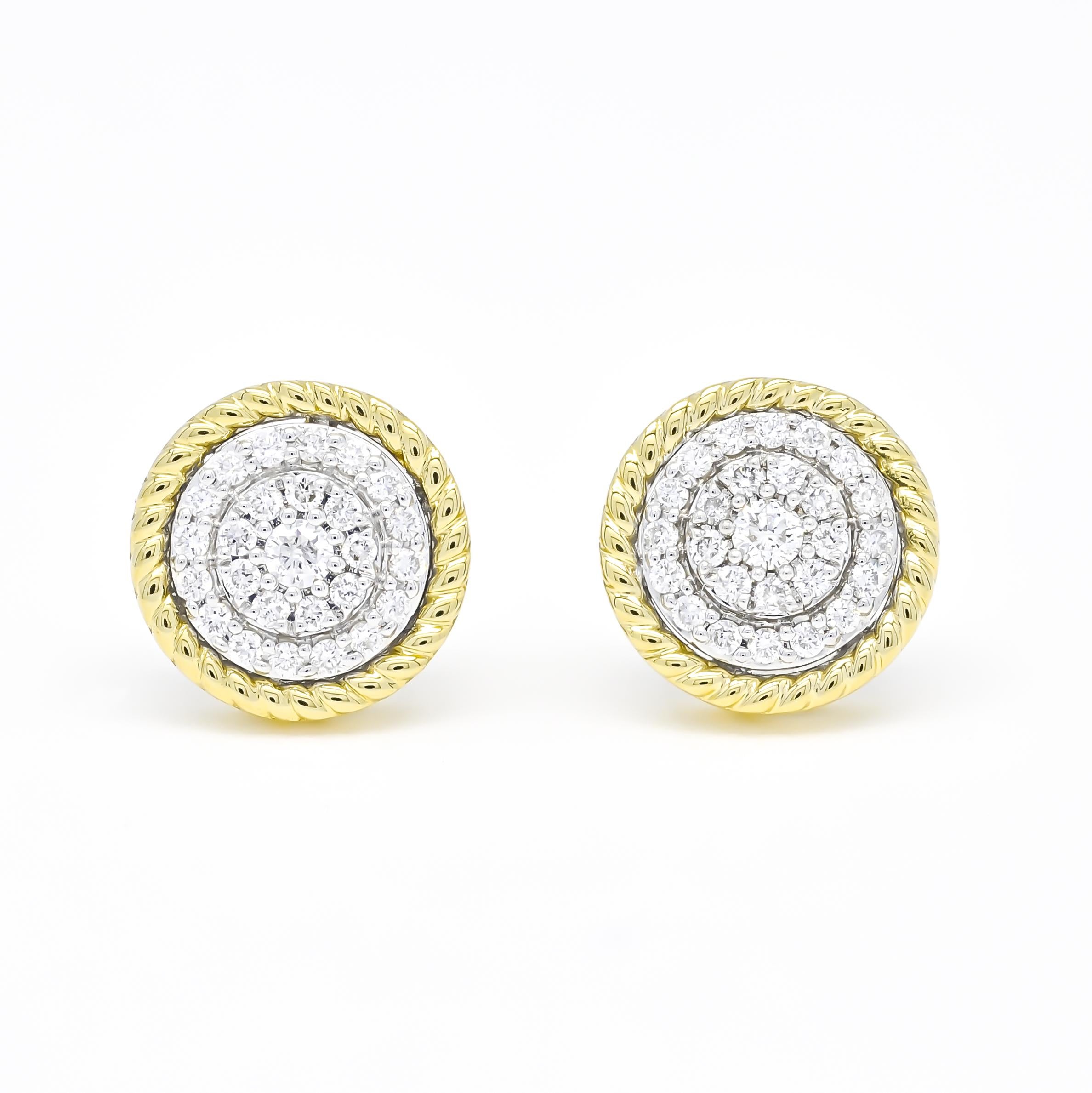 Indulge in the epitome of opulence with our exquisite 18KT Two Tone gold natural diamonds double halo round cluster rope border stud earrings. Impeccably crafted to showcase unparalleled elegance, these earrings are a testament to the luxurious