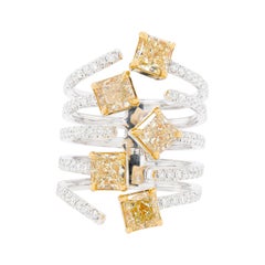Bague bicolore 18 carats à diamants jaunes multiformes et 5 diamants jaunes