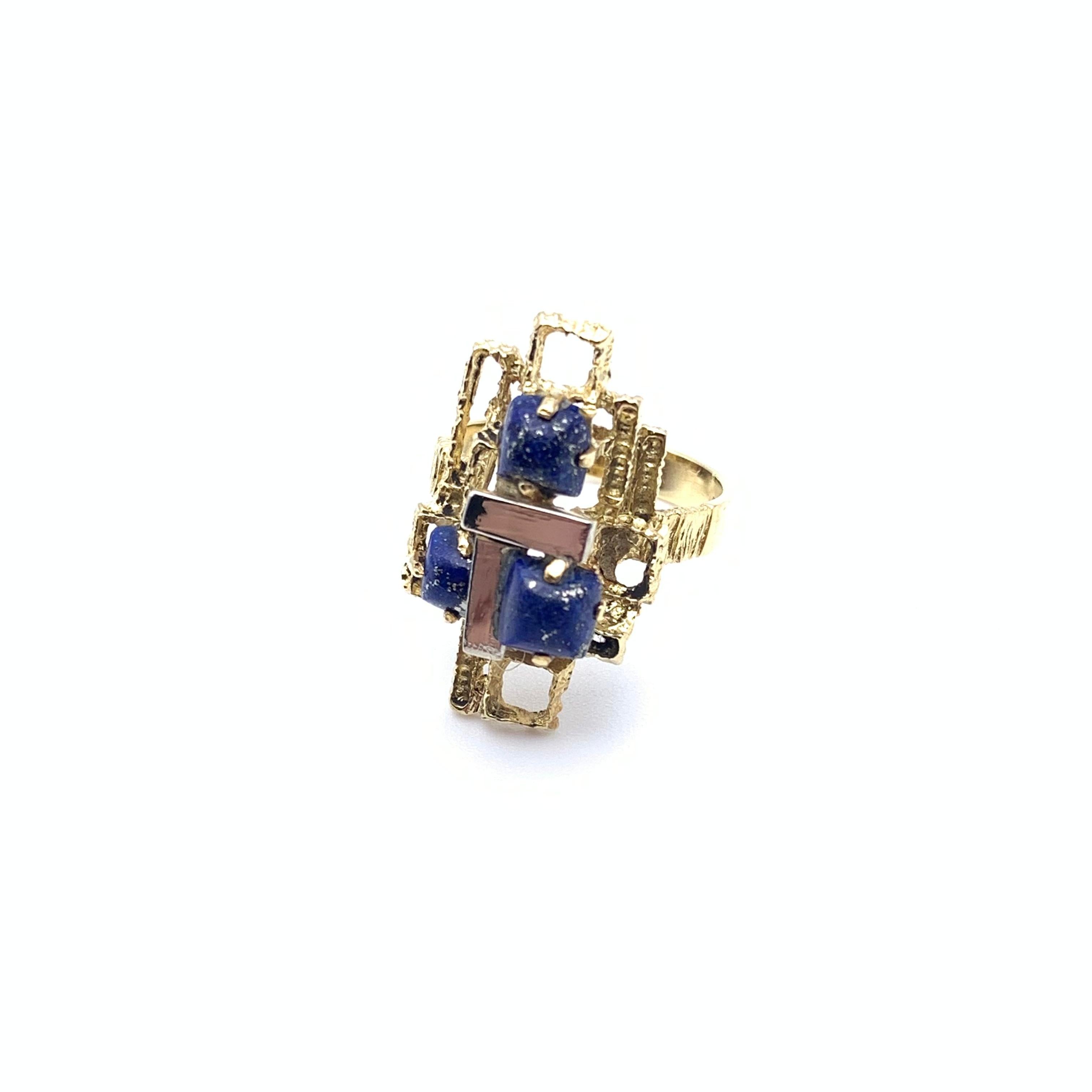 18KT Two-Toned Geometric Lapis Ring In Good Condition For Sale In Lynchburg, VA