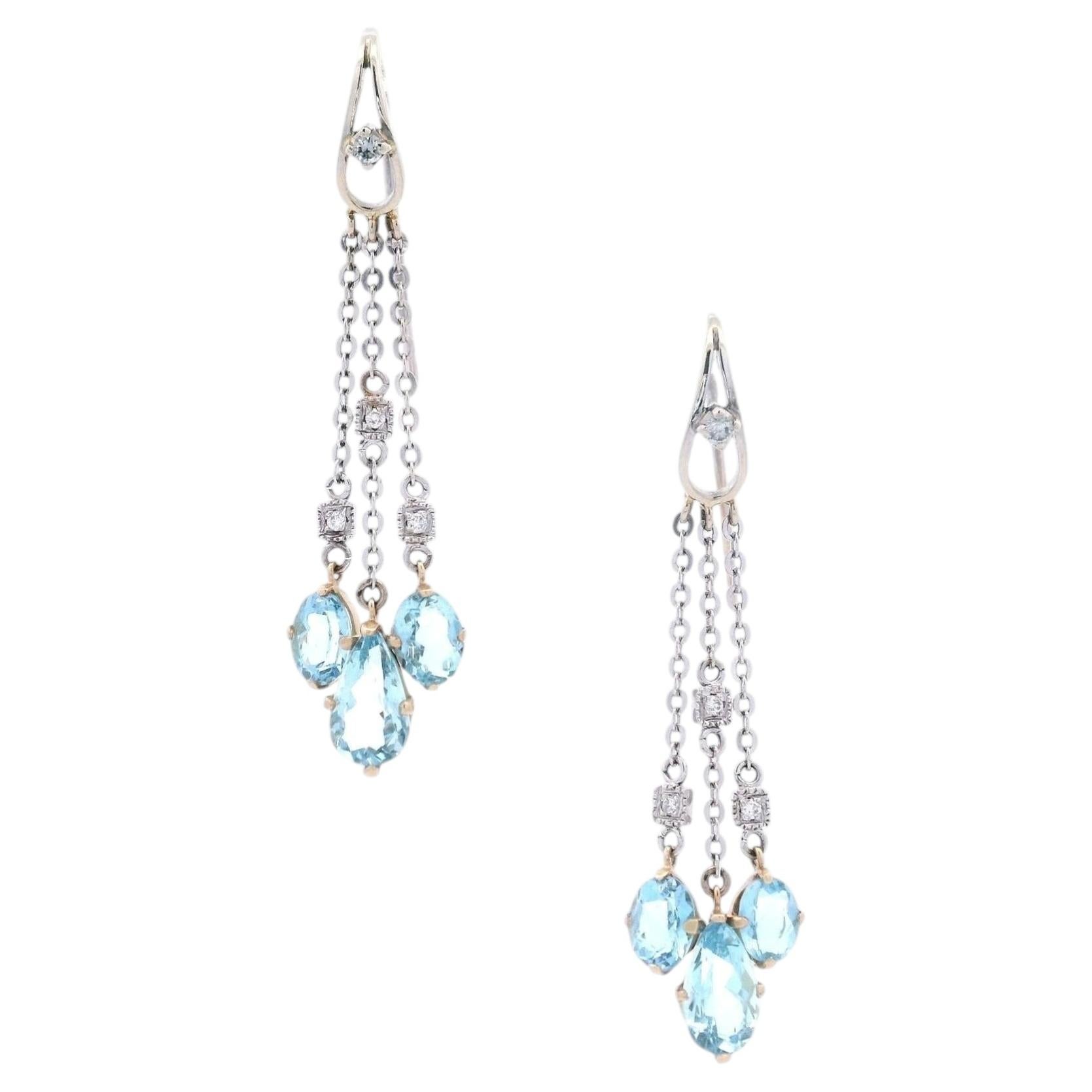 18kt two tones Dangling Earrings with Aquamarines & Diamonds For Sale