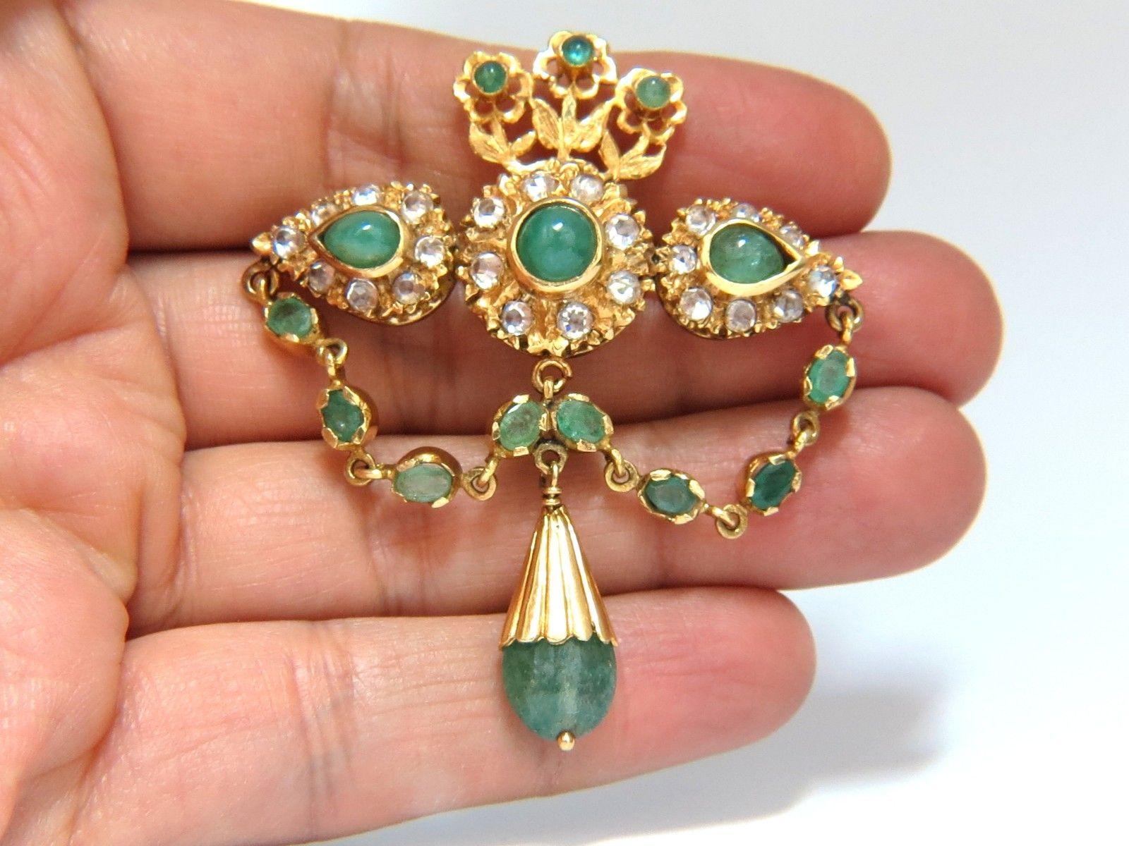 18KT Vintage Natural Emeralds & White Sapphires Medallion Dangle Brooch Pin For Sale 1