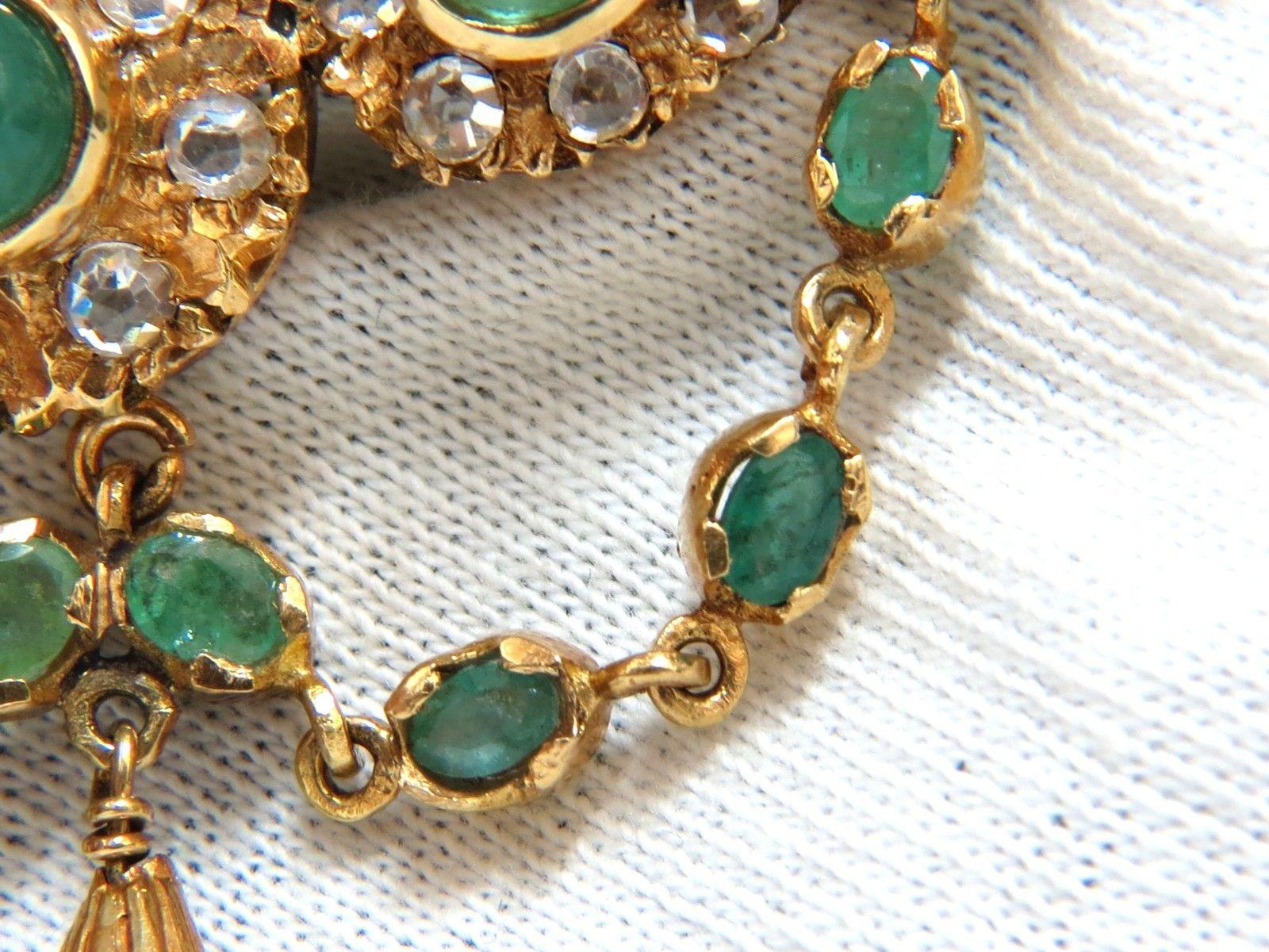 18KT Vintage Natural Emeralds & White Sapphires Medallion Dangle Brooch Pin For Sale 4