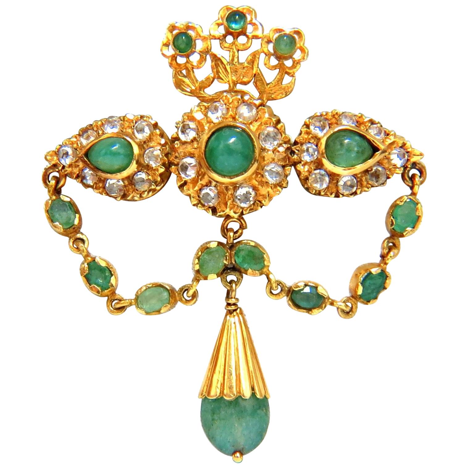 18KT Vintage Natural Emeralds & White Sapphires Medallion Dangle Brooch Pin For Sale