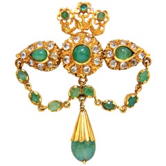 18KT Vintage Natural Emeralds & White Sapphires Medallion Dangle Brooch Pin*