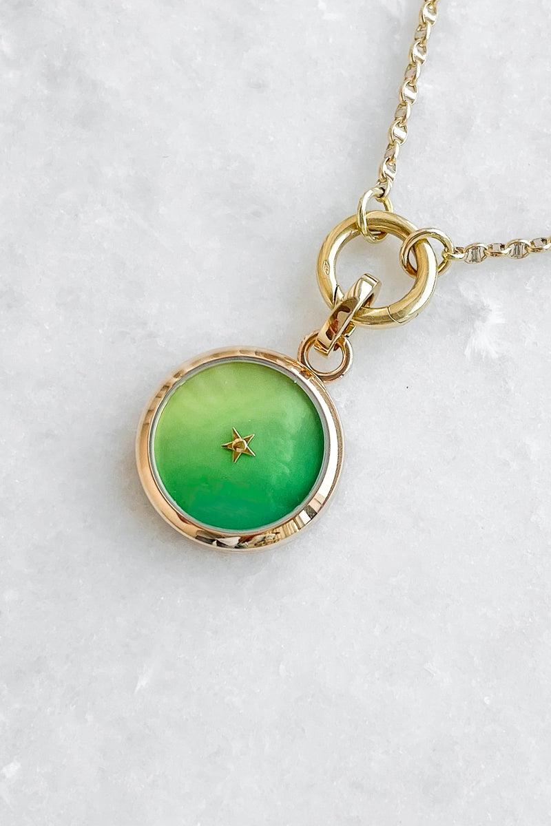 18kt Warm Gold Charm Pendant and Openable Clasps with Shaded Green Disc For Sale 2