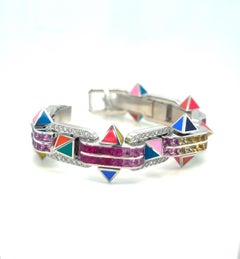 Bracciale 18KT WG 2,84Ct Diamante 16,15CM Zaffiri multicolore e Smalto