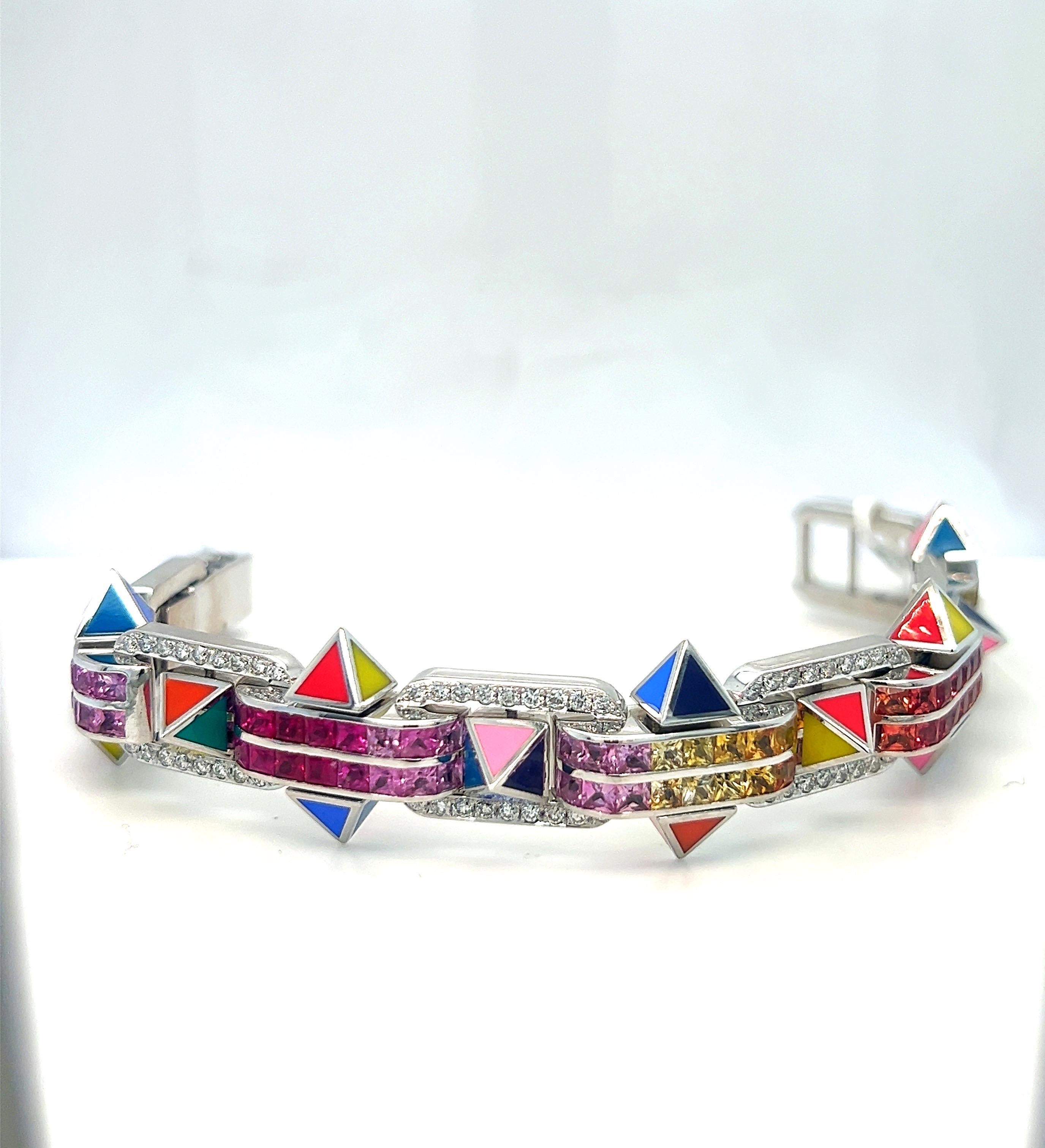 Modern 18KT WG 2.84Ct Diamond 16.15CMulti-Colored Sapphires and Enamel Bracelet For Sale