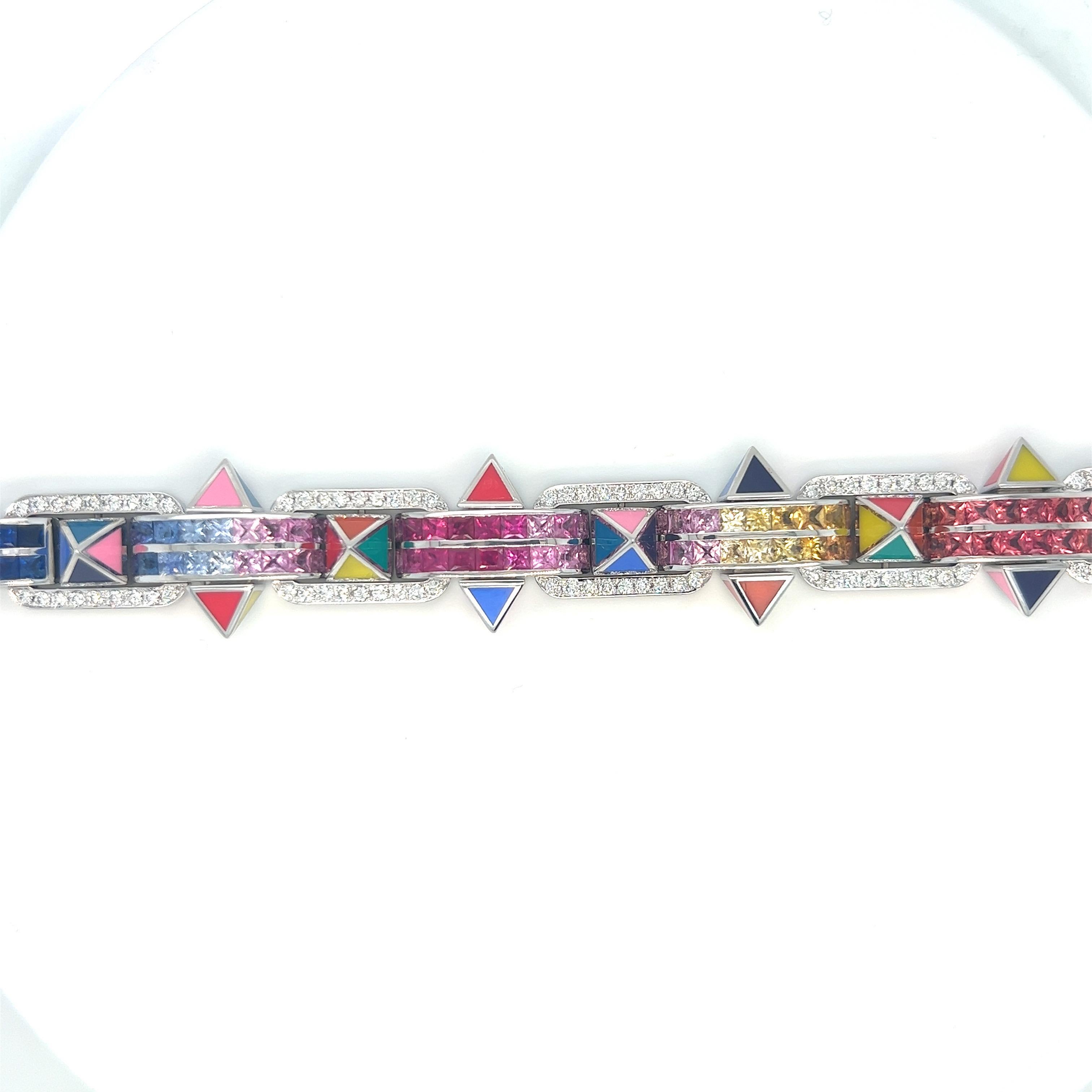 Princess Cut 18KT WG 2.84Ct Diamond 16.15CMulti-Colored Sapphires and Enamel Bracelet For Sale