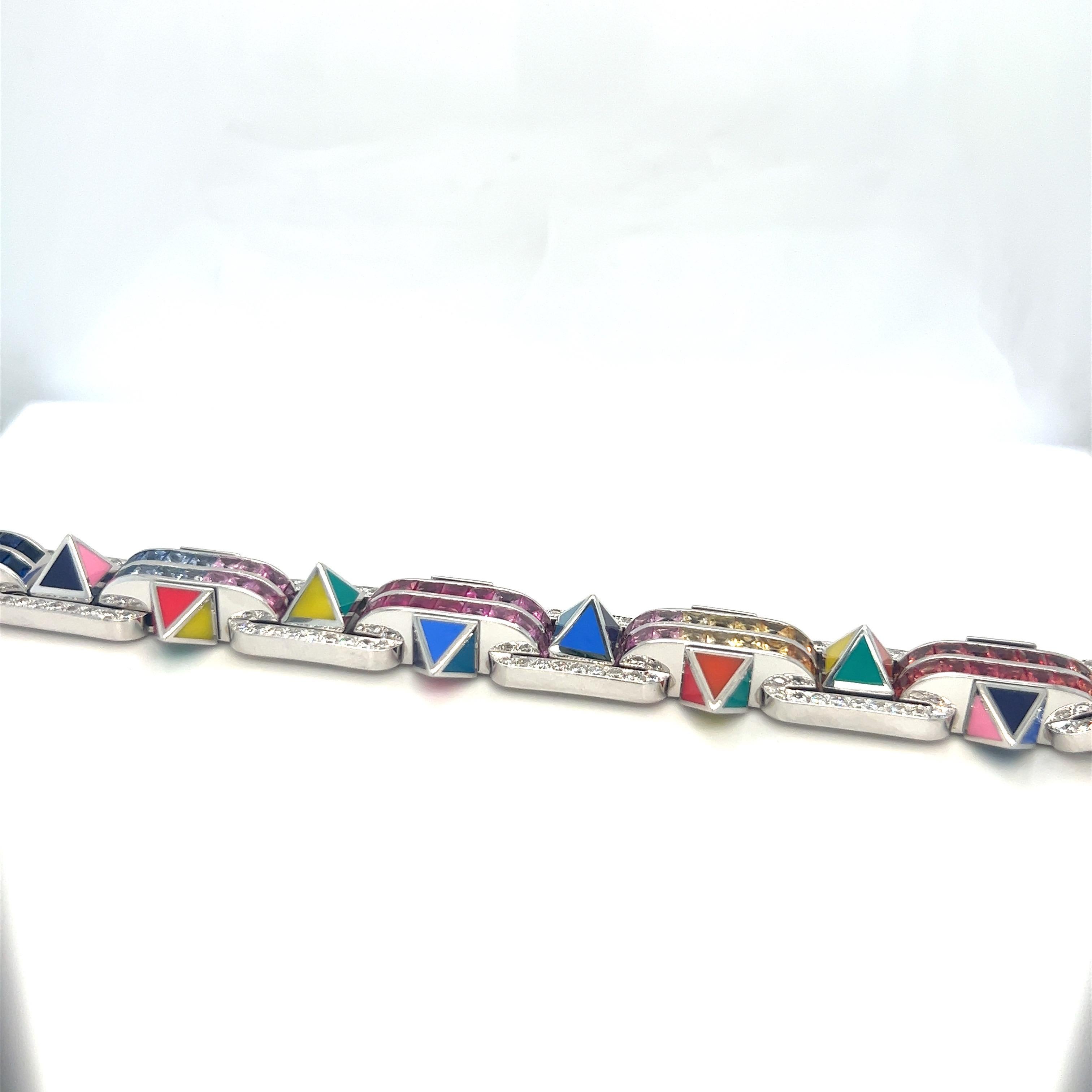 18KT WG 2.84Ct Diamond 16.15CMulti-Colored Sapphires and Enamel Bracelet In New Condition For Sale In New York, NY