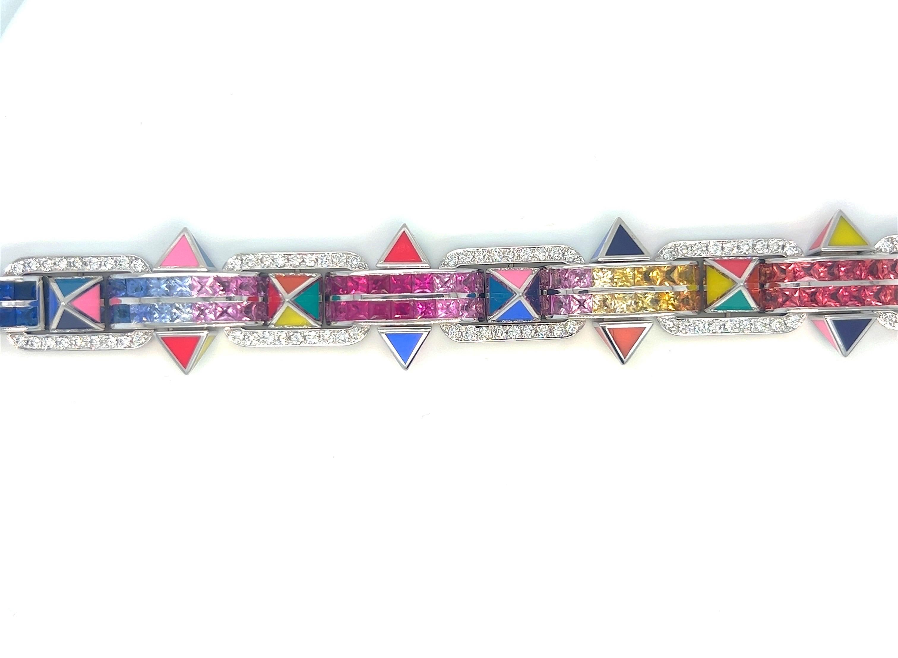 Women's or Men's 18KT WG 2.84Ct Diamond 16.15CMulti-Colored Sapphires and Enamel Bracelet For Sale