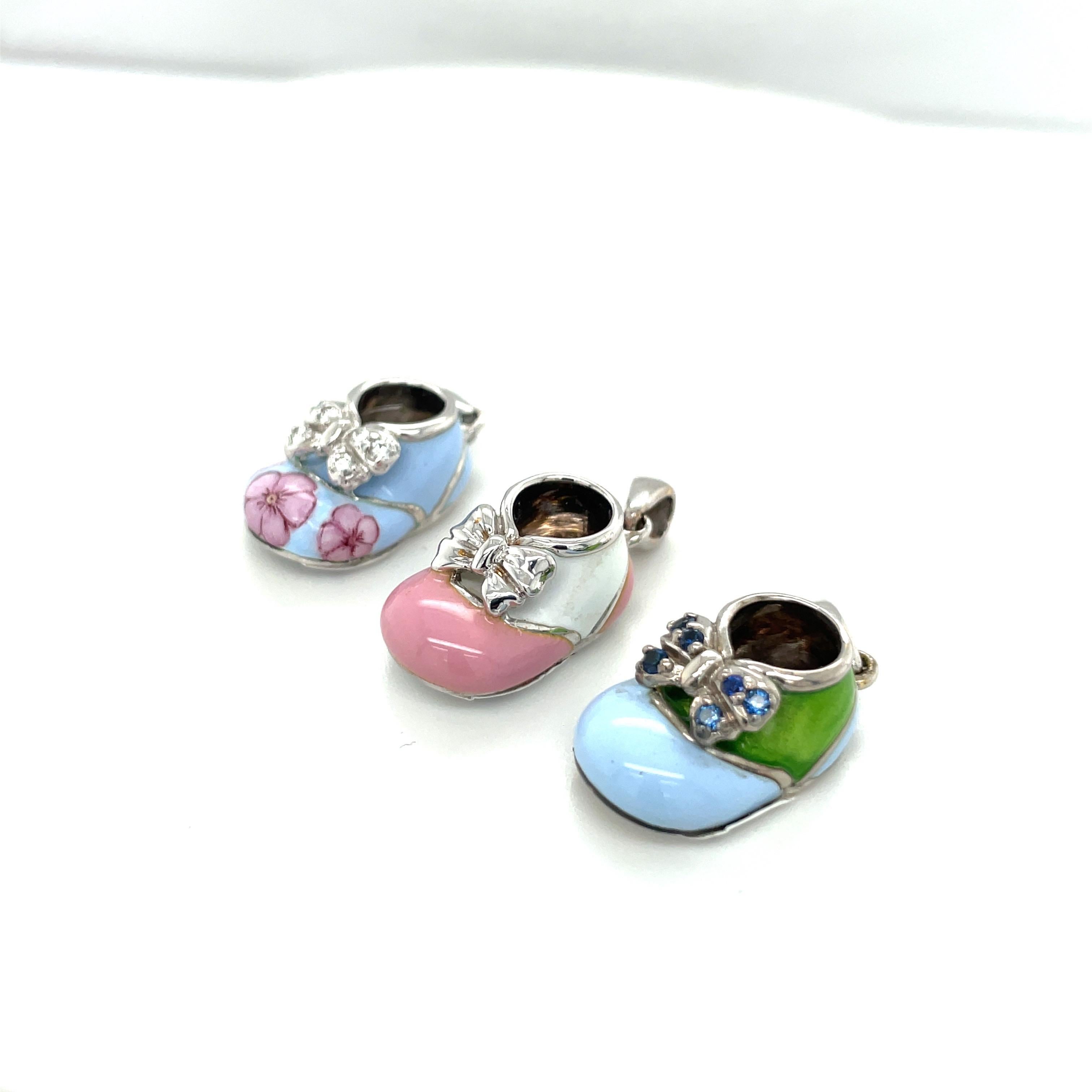 Modern 18KT WG Baby Shoe Charm 0.12Ct Diamond Light Blue and Pink Enamel with Bow
