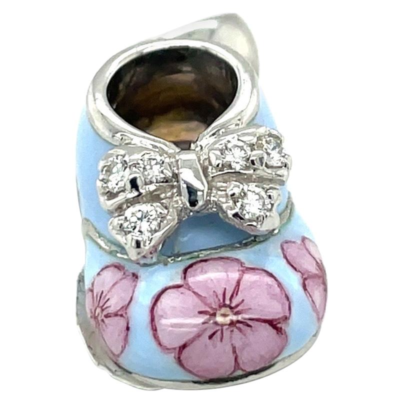 18KT WG Baby Shoe Charm 0.12Ct Diamond Light Blue and Pink Enamel with Bow