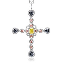 18KT WG Ausgefallener gelber, rosafarbener und weißer Diamant-Kreuz-Anhänger mit Diamantkette