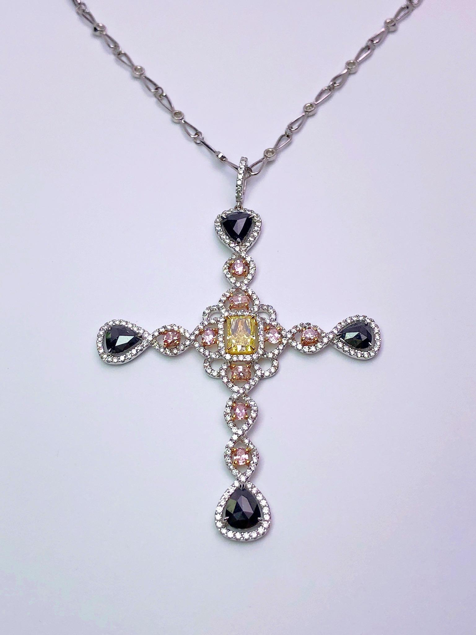 Radiant Cut 18KT WG Fancy Yellow, Pink & White Diamond Cross Pendant with Diamond Chain For Sale