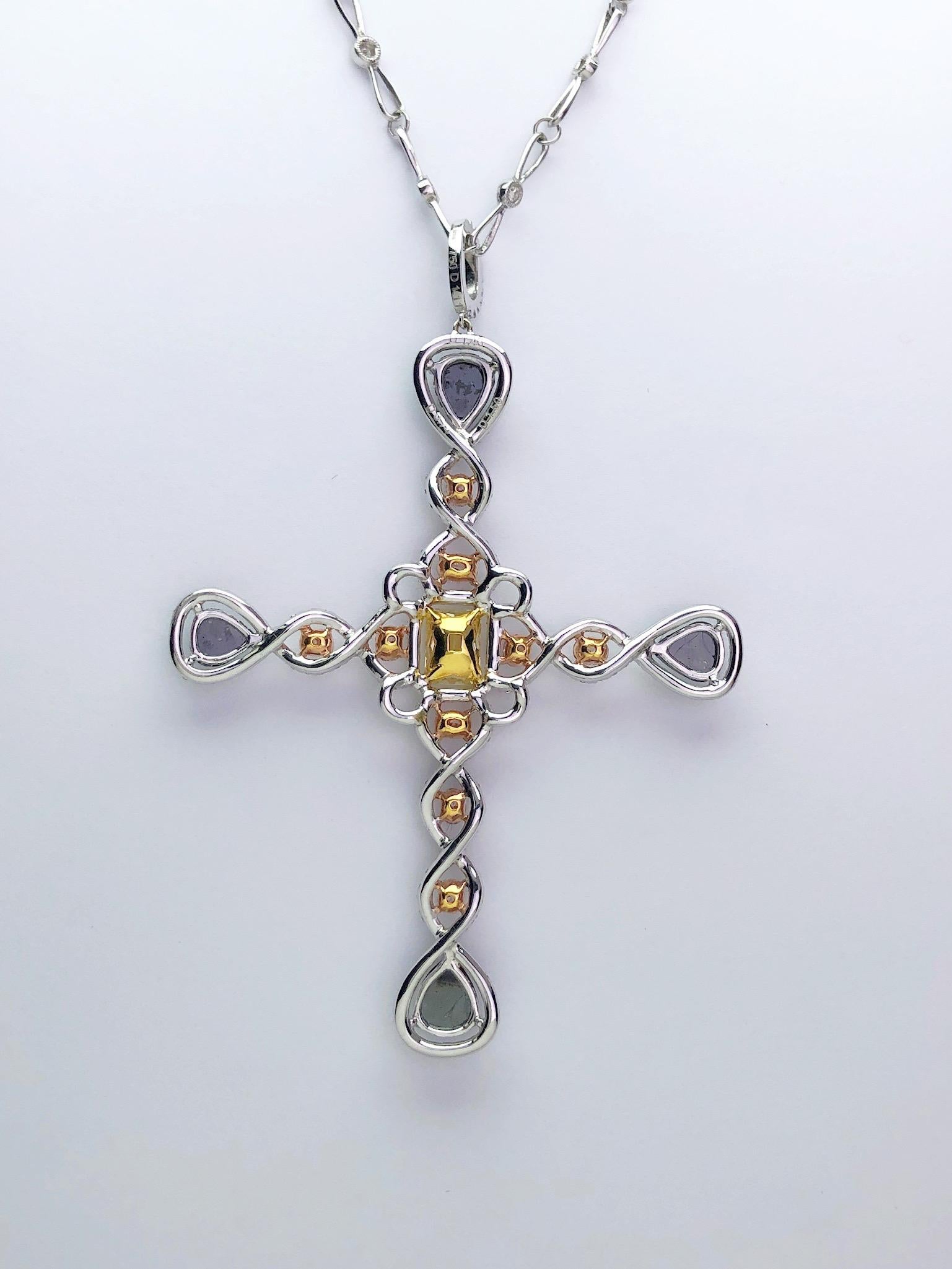 18KT WG Fancy Yellow, Pink & White Diamond Cross Pendant with Diamond Chain In New Condition For Sale In New York, NY