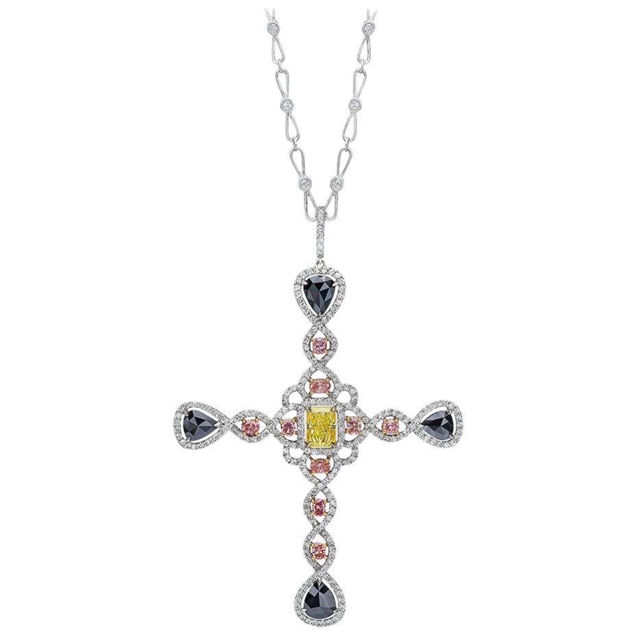 18KT WG Fancy Yellow, Pink & White Diamond Cross Pendant with Diamond Chain For Sale