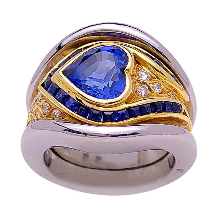 18KT WG & YG Heart Shaped 2.00 Carat Blue Sapphire Ring with .50 Carat Diamonds For Sale