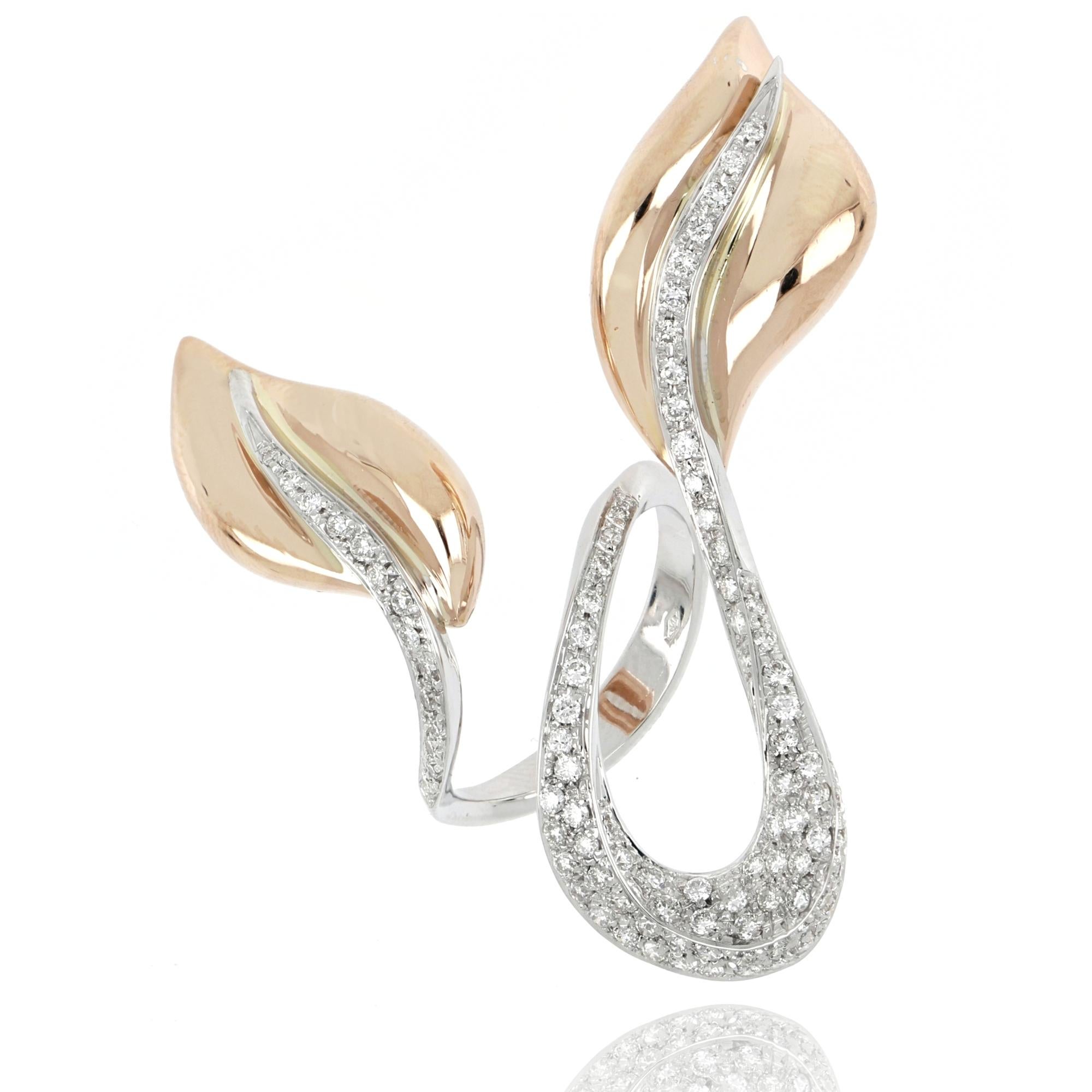 For Sale:  18kt White and Rose Gold 3 Chic Big Leaf Ring Enriched with Diamonds Pavè 3