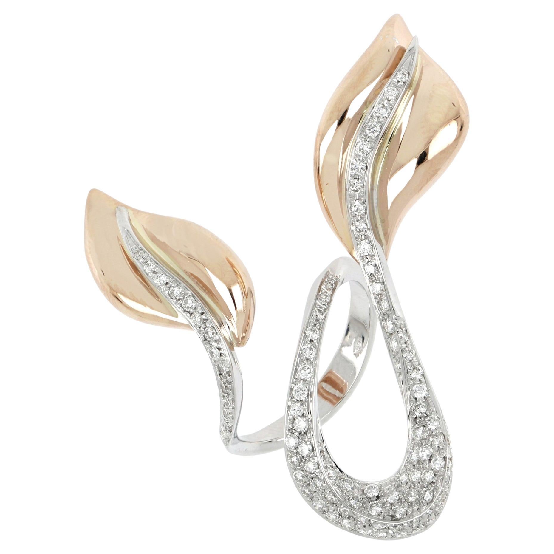 18kt White and Rose Gold 3 Chic Big Leaf Ring Enriched with Diamonds Pavè