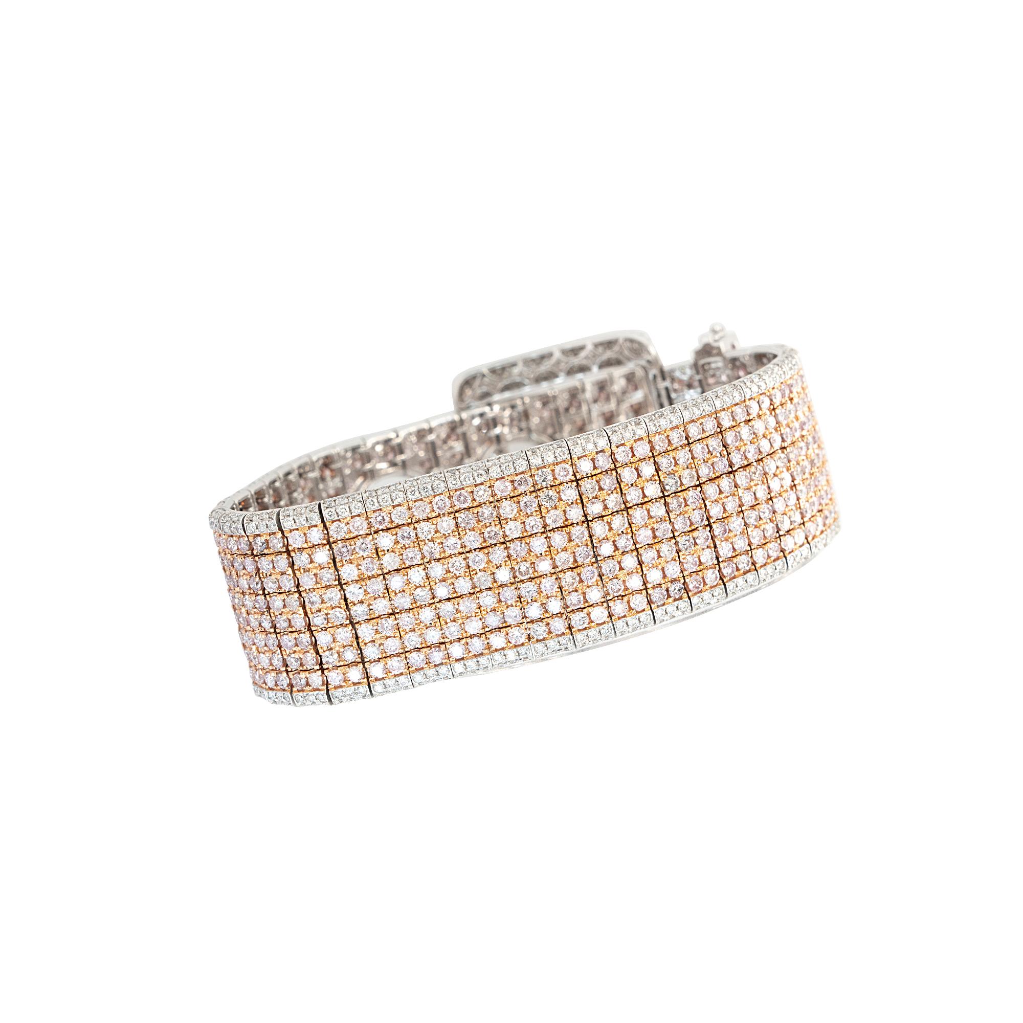 Round Cut 18kt White and Rose Gold and White Diamond Belt Bracelet For Sale