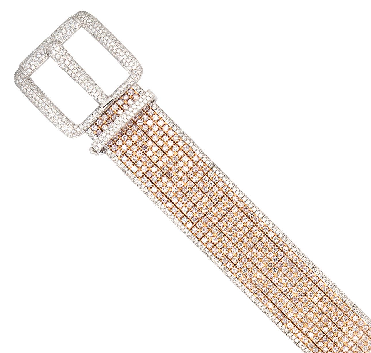 Round Cut 18kt White and Rose Gold and White Diamond Belt Bracelet