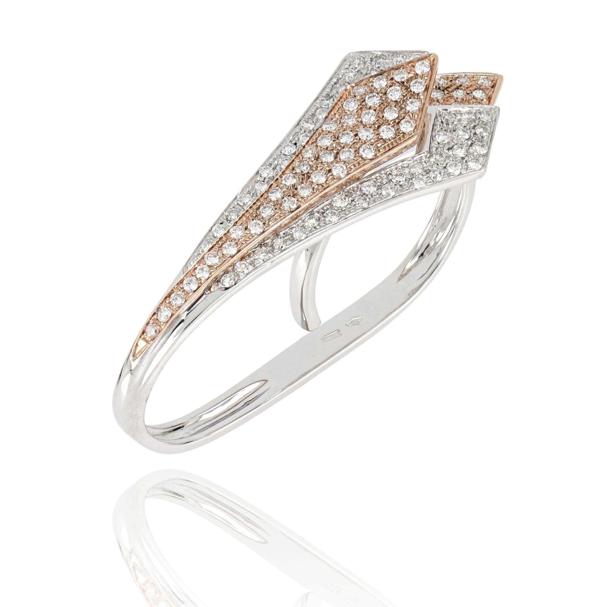 For Sale:  18kt White and Rose Gold Big 3 Chic Leaf Ring Enriched with Diamonds' Pavè 3