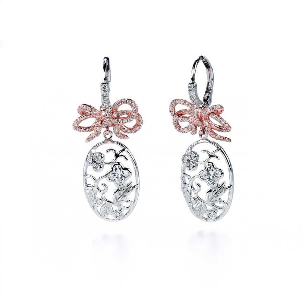 18KT white and rose gold bouquet bow diamond flower earrings . lever back style .2  LILY CUT ® flower shape diamond H color VS SI clarity  0.46 cts . additional 0.50 ct round diamond accent . overall length 1 3/8 inch. 3.5 cm 