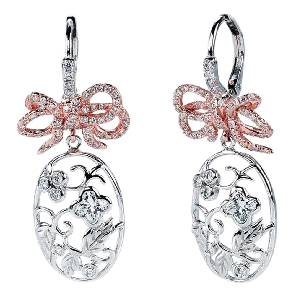 18KT Blumenohrringe aus Weiß- und Roségold mit Blumenschleife und Diamantschleife