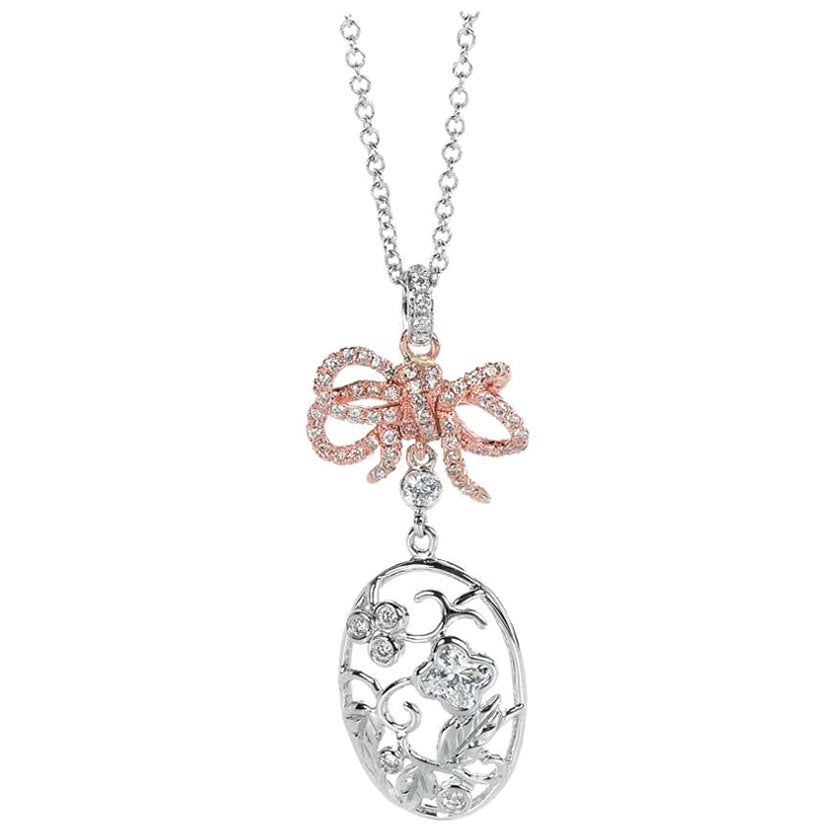 18KT Weiß- und Roségold Blumenanhänger mit Blumenschleife und Diamant 0,56 Karat insgesamt im Angebot