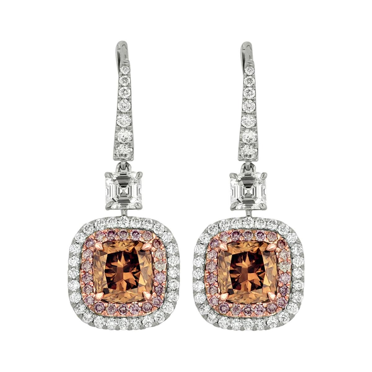 18kt White and Rose Gold GIA Certified Fancy Brownish Diamond Earrings For Sale