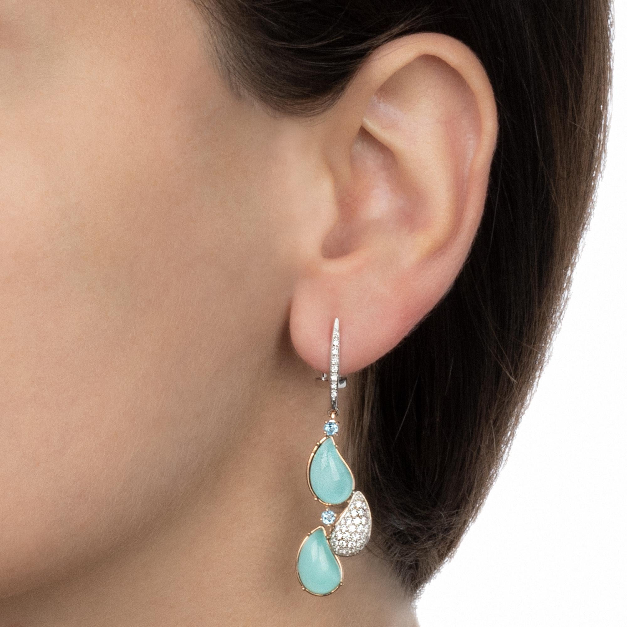 Fresh and playful like a summer memory, these earrings are classy and efferverscent at the same time. The bright light blue shade of the turquoise and topazes adds a touch of joyful elegance, while the diamonds accent add some sparkle. A set of