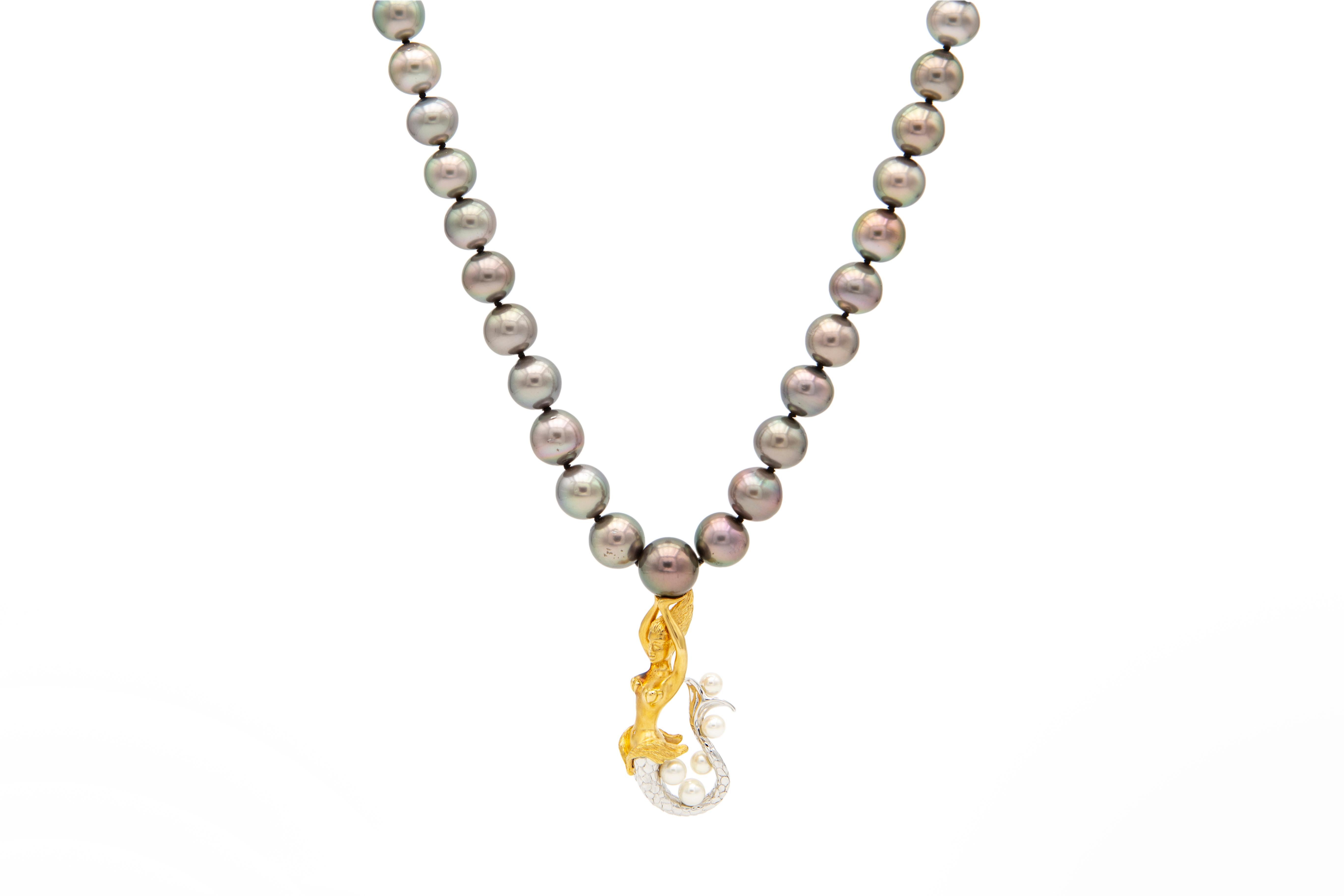 Brilliant Cut 18kt White and Rose Gold Mermaid Pendant Necklace with Tahiti and Akoya Pearls For Sale