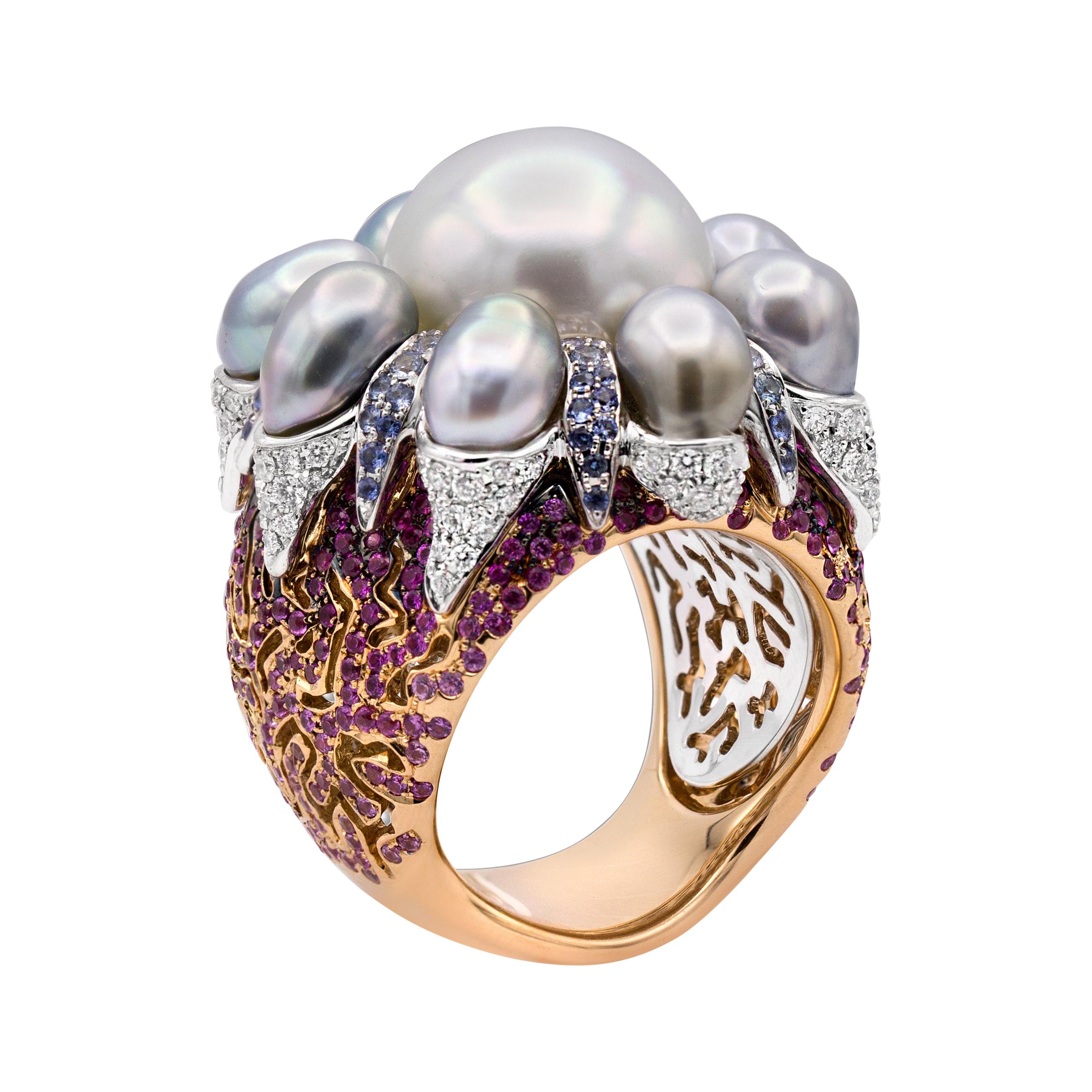 18kt White and Rose Gold, White Diamonds, Blue & Pink Sapphires, Pearls, Ring For Sale