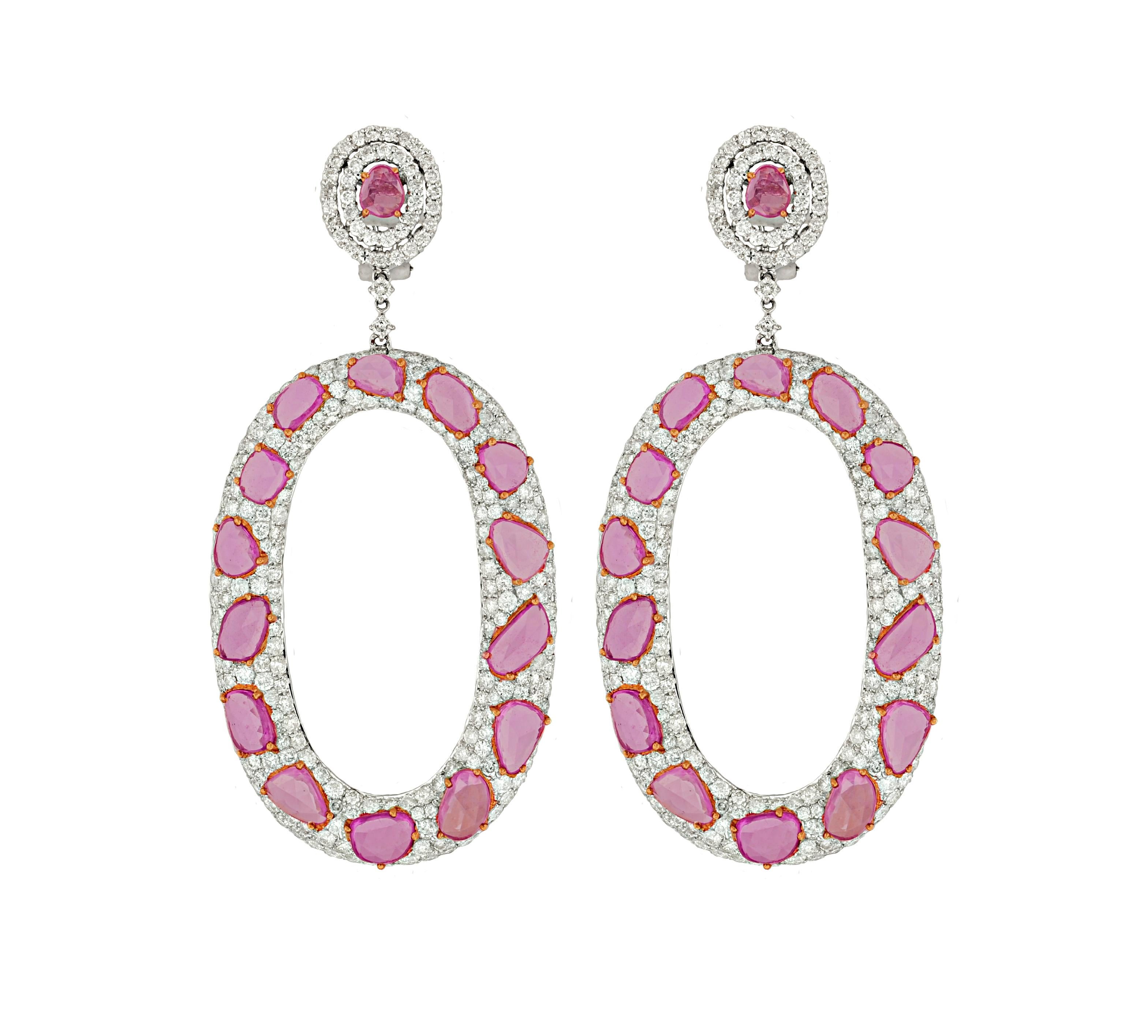 18kt white and yellow gold pink rose cut sapphires and round diamonds bagel  earrings, features 18.73 sap/p + 11.46ct diamonds.

