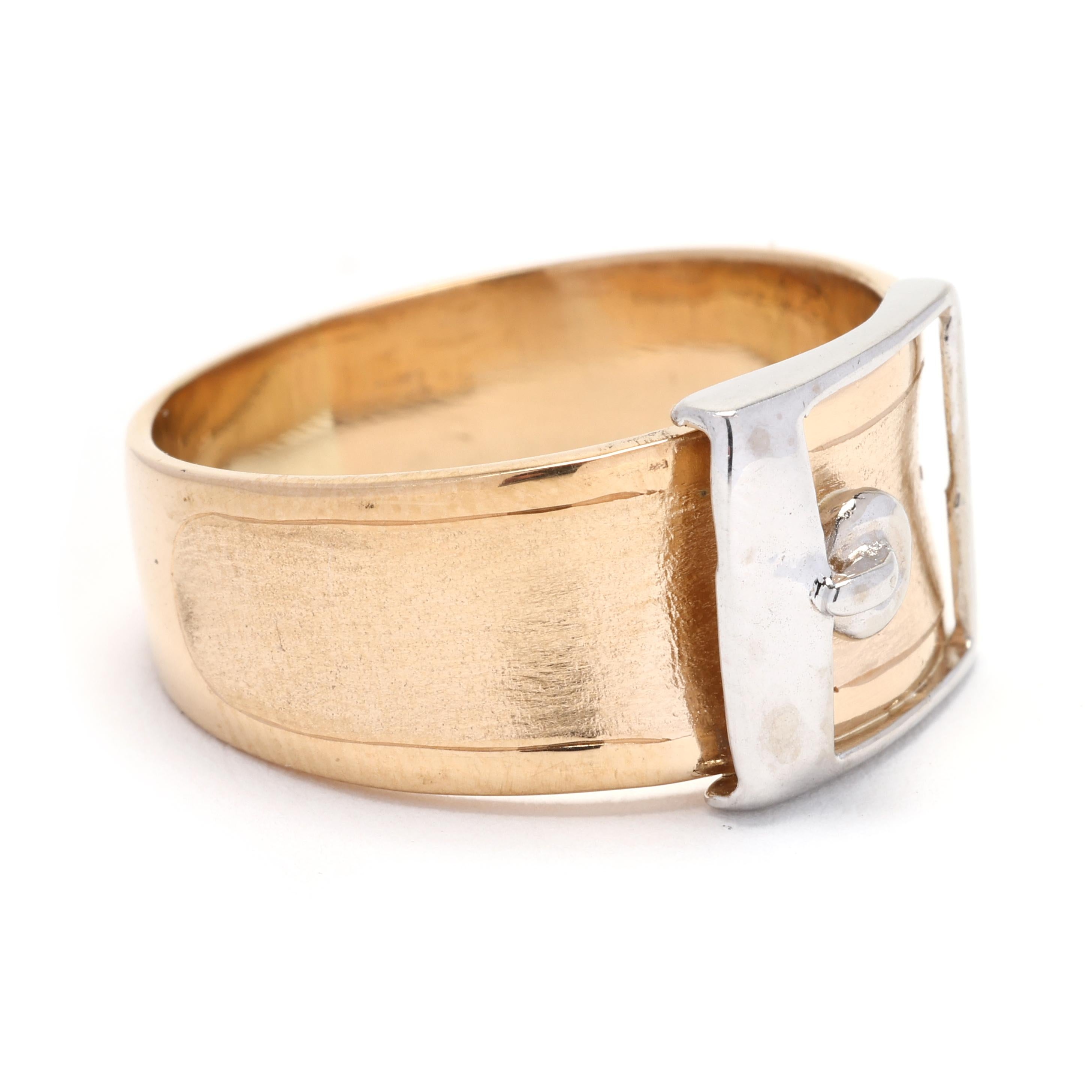 Crafted in 18KT white and yellow gold, this ring offers a luxurious and captivating look. The combination of the two gold tones adds a touch of contrast and visual interest to the design. The buckle motif symbolizes strength and security, making