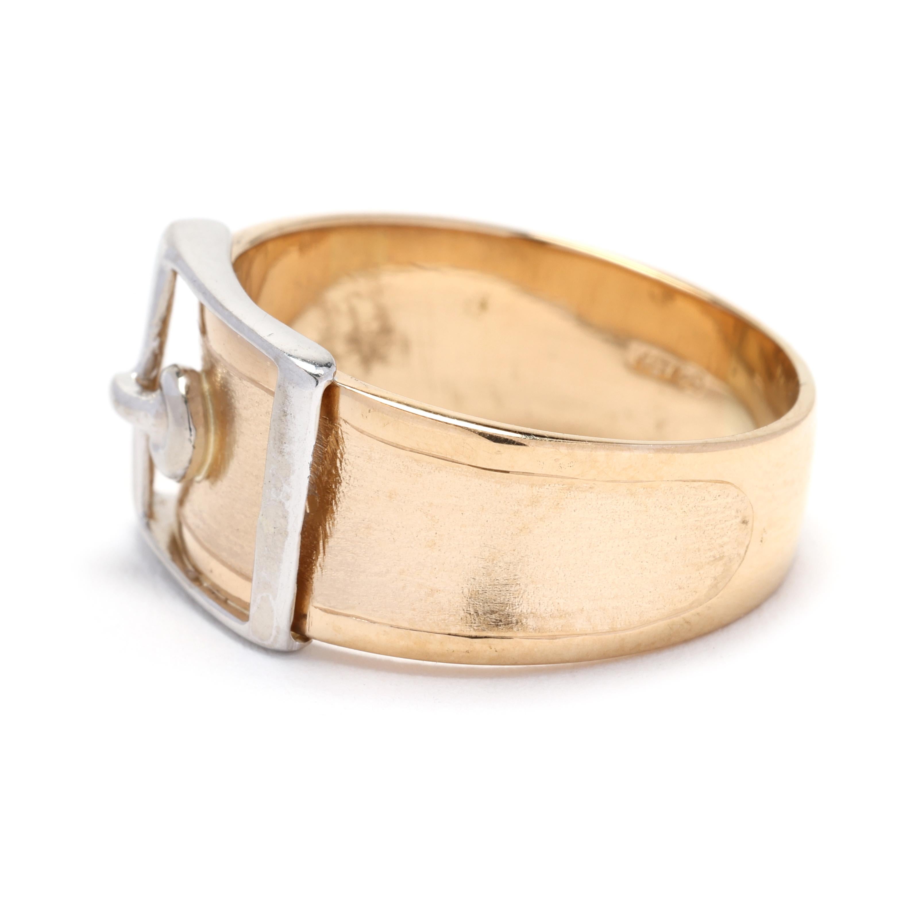 Women's or Men's 18KT White and Yellow Gold Buckle Ring, Ring Size 8.5, Thick Band For Sale