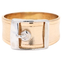 Retro 18KT White and Yellow Gold Buckle Ring, Ring Size 8.5, Thick Band