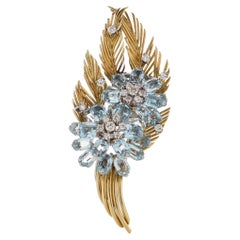Vintage 18kt. white and yellow gold flower spray brooch with 10.00 carat Aquamarines 