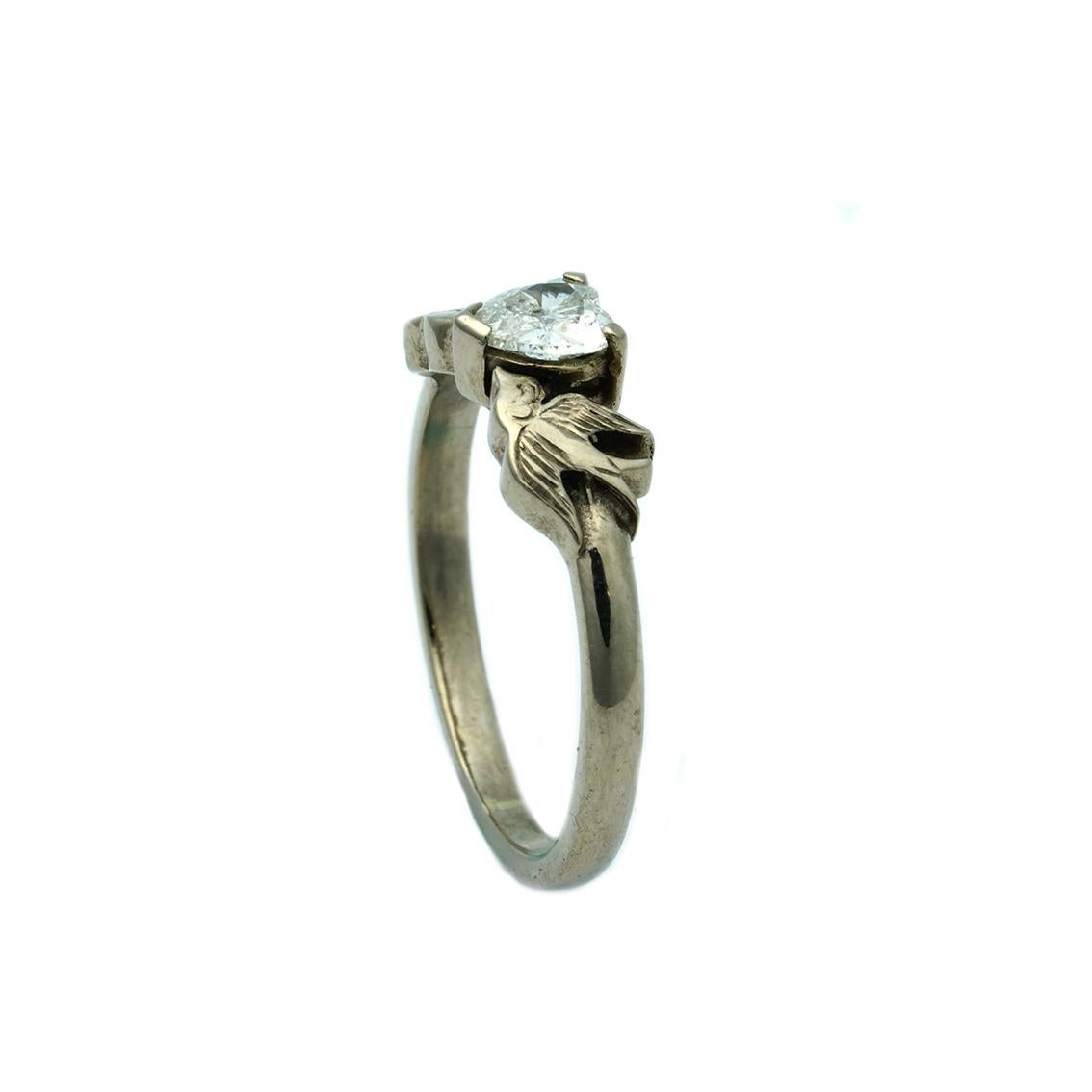 Heart Cut Diamond Heart and Swallows Ring in 18 Karat White Gold and White Diamond For Sale