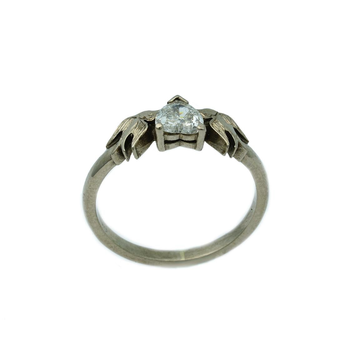 Women's Diamond Heart and Swallows Ring in 18 Karat White Gold and White Diamond For Sale