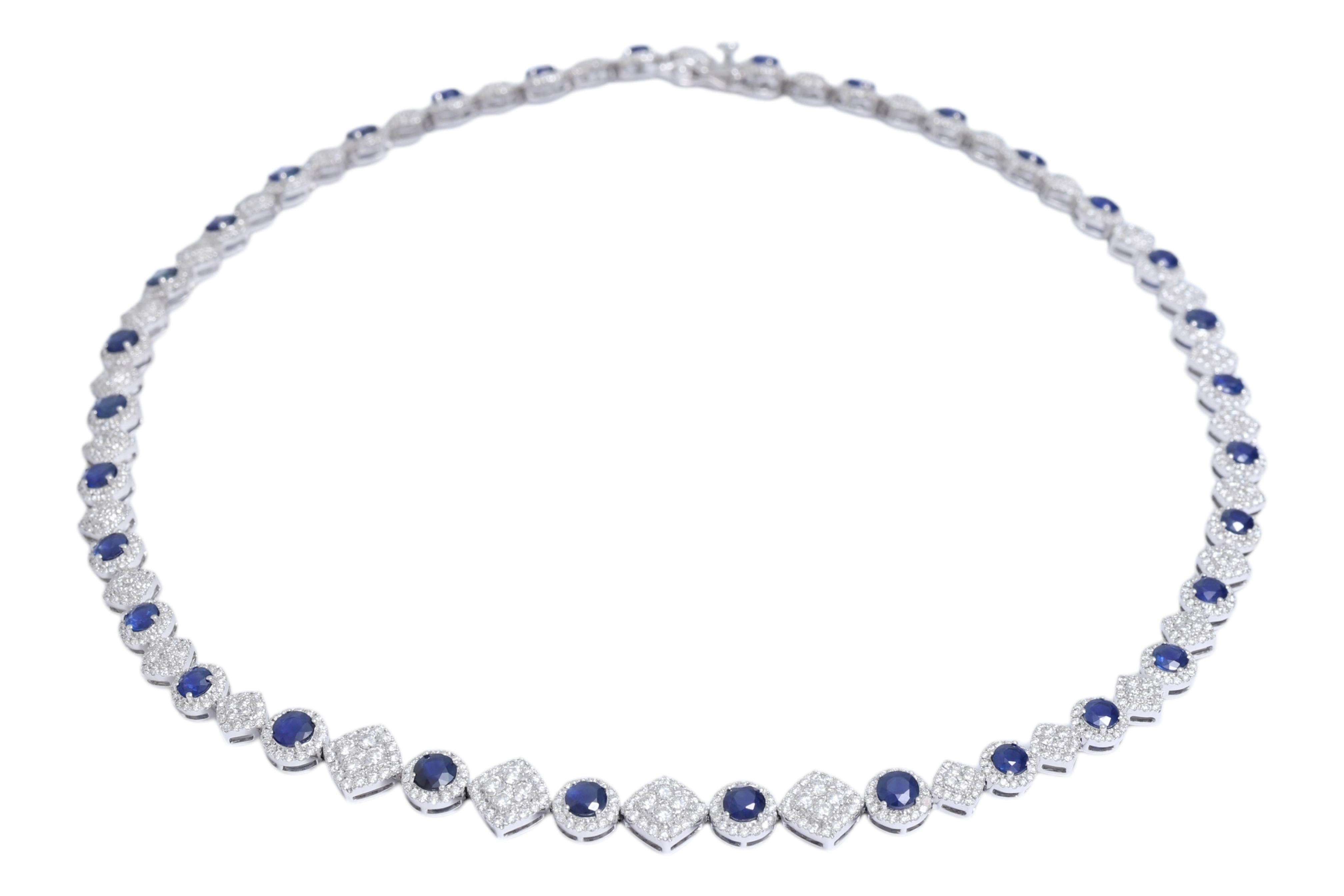 18kt Weißgold 11,35 Karat Saphir & 6,2 Karat Diamanten Tennis-Halskette (Brillantschliff) im Angebot
