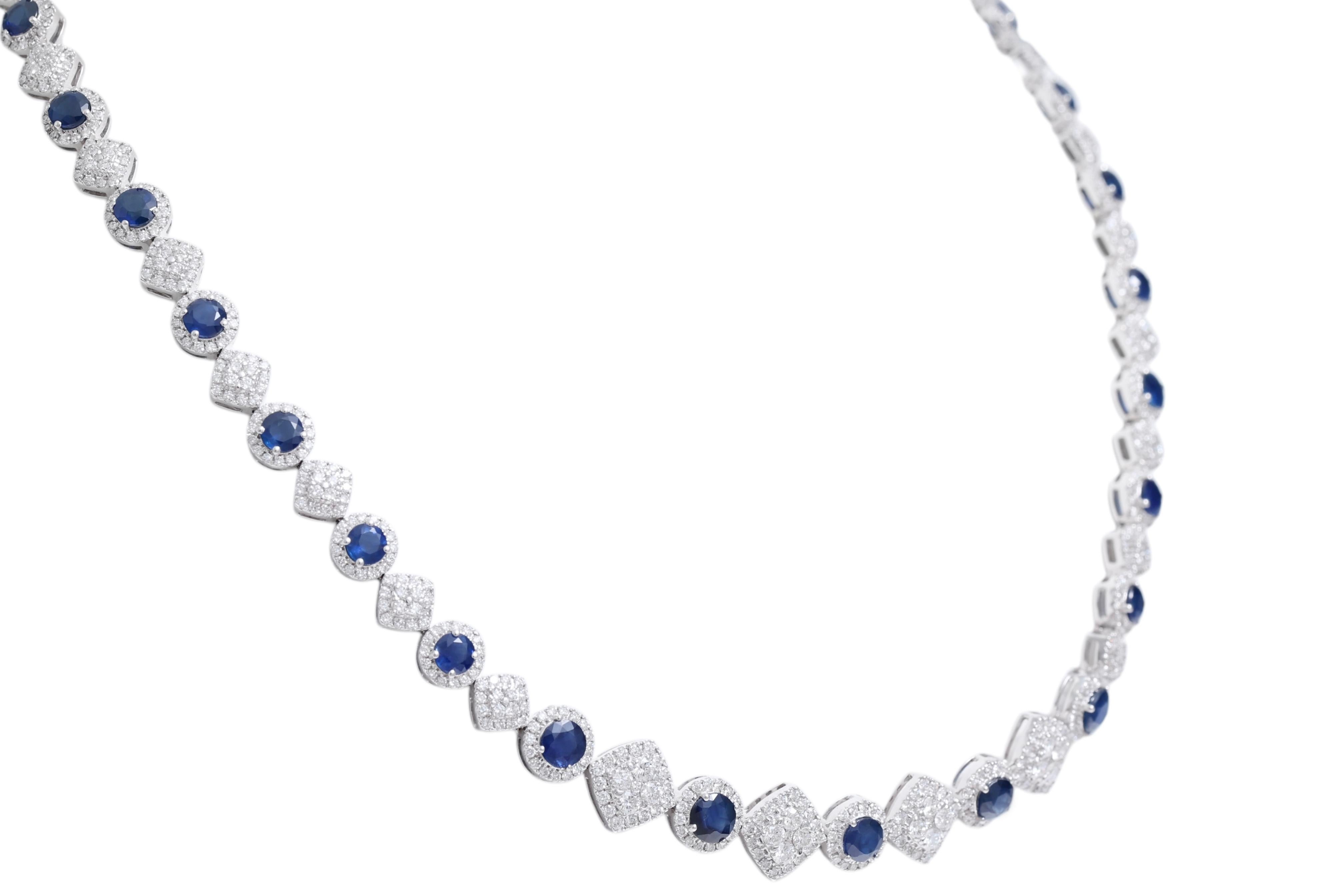 18kt Weißgold 11,35 Karat Saphir & 6,2 Karat Diamanten Tennis-Halskette im Zustand „Neu“ im Angebot in Antwerp, BE