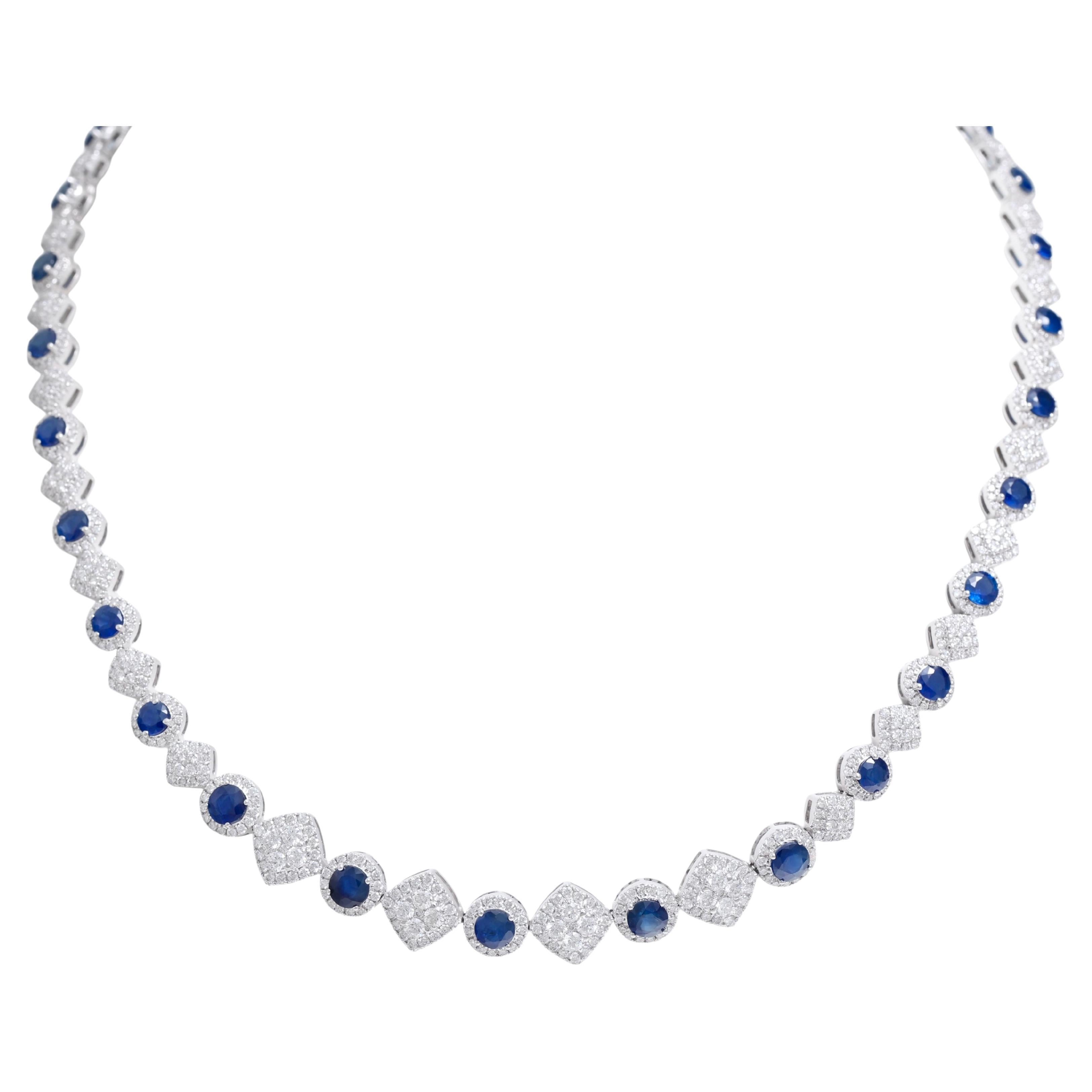 18kt White Gold 11.35ct Sapphire & 6.2 Ct Diamonds Tennis Necklace