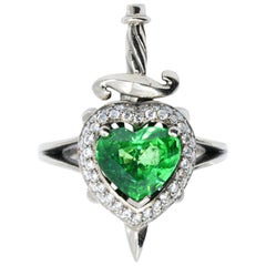18kt White Gold, 1.5 Carat Tsavorite Garnet & Diamond Heart & Dagger Ring