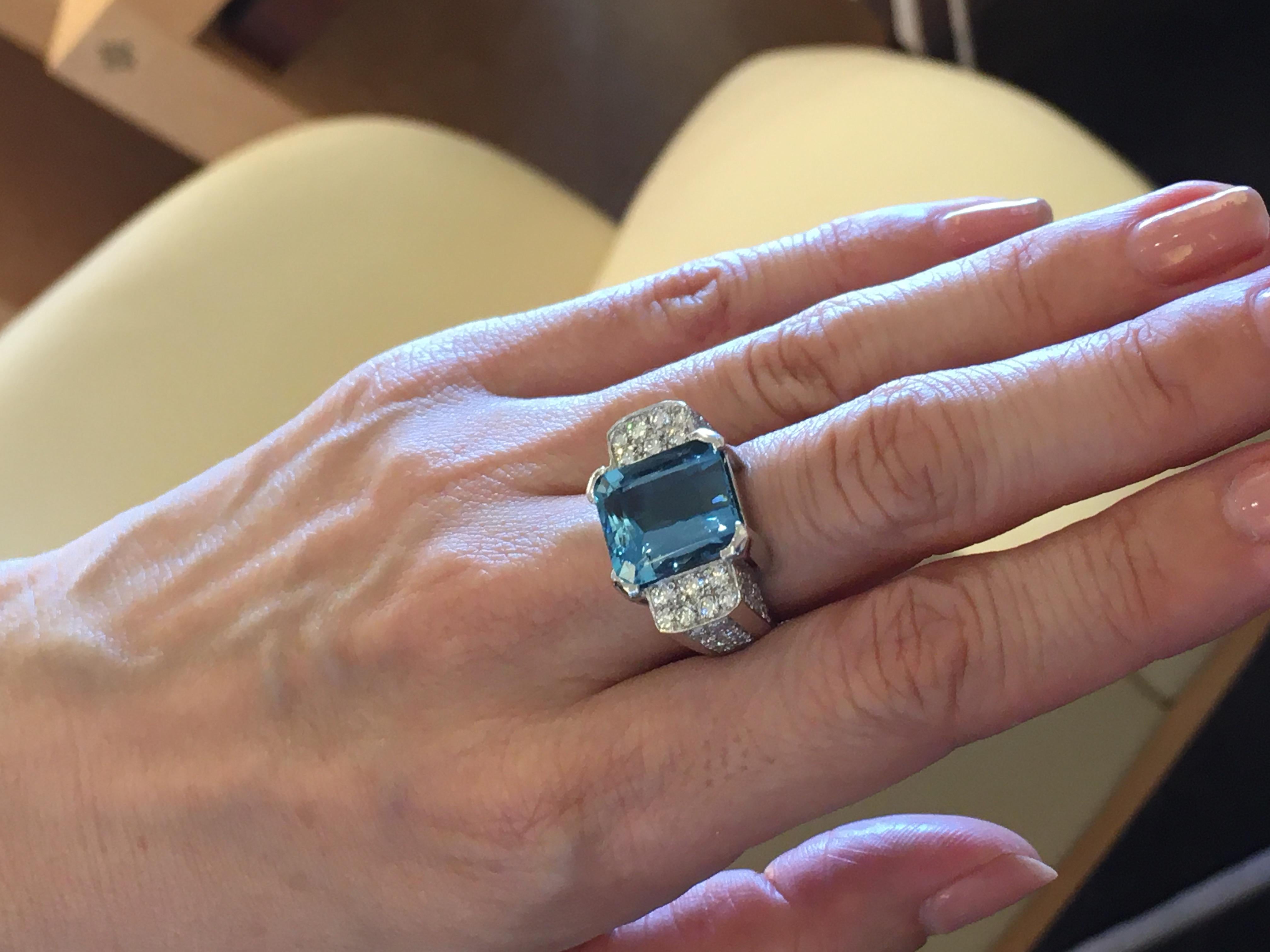 Emerald Cut 18kt White Gold, 1.53ct Diamonds, 9.00ct Blue Topaz Ring For Sale