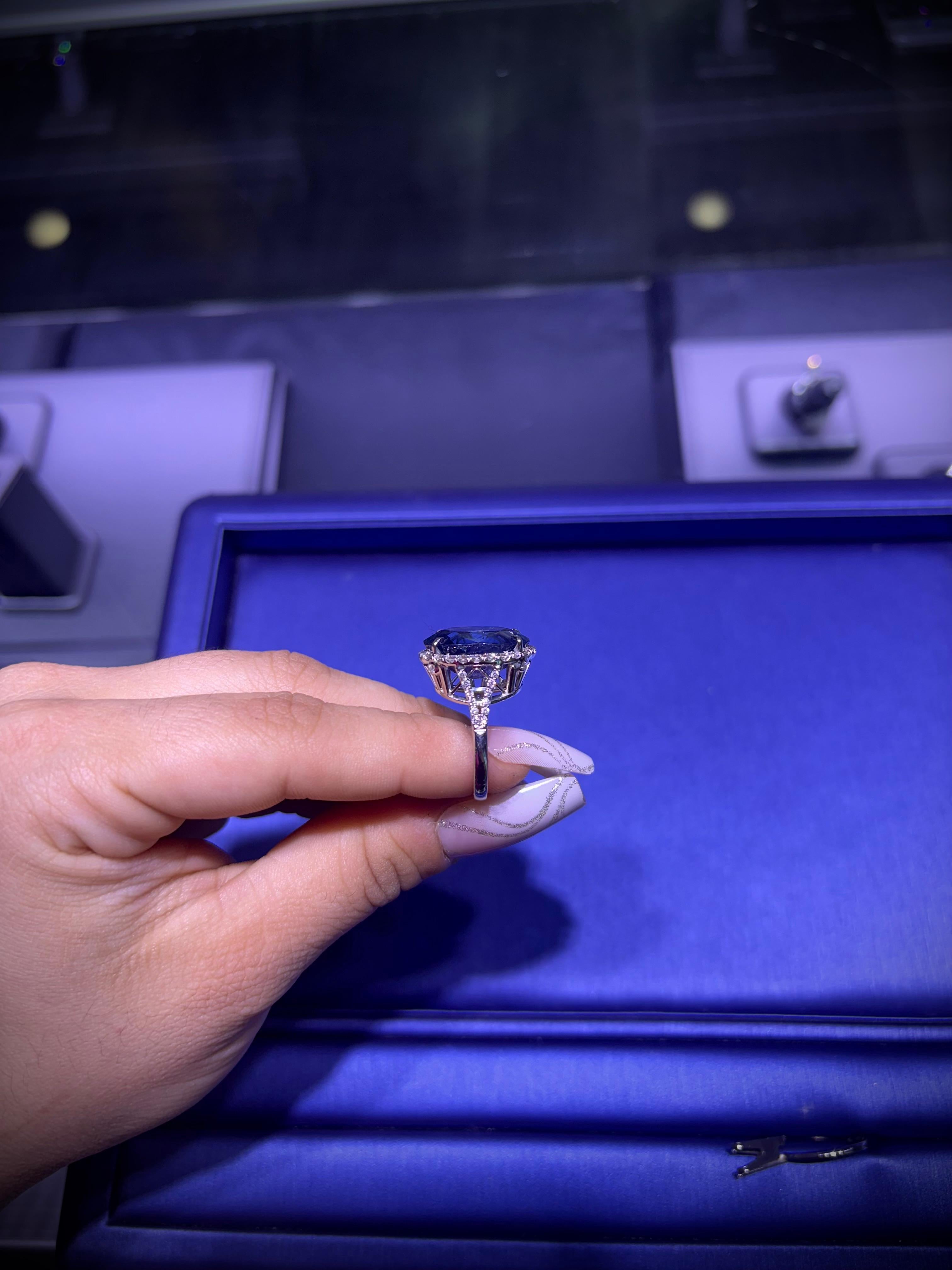 18 Karat Weißgold 18,41 Karat ovaler Saphir in der Mitte und 1 Karat natürliche Diamanten im Angebot 1