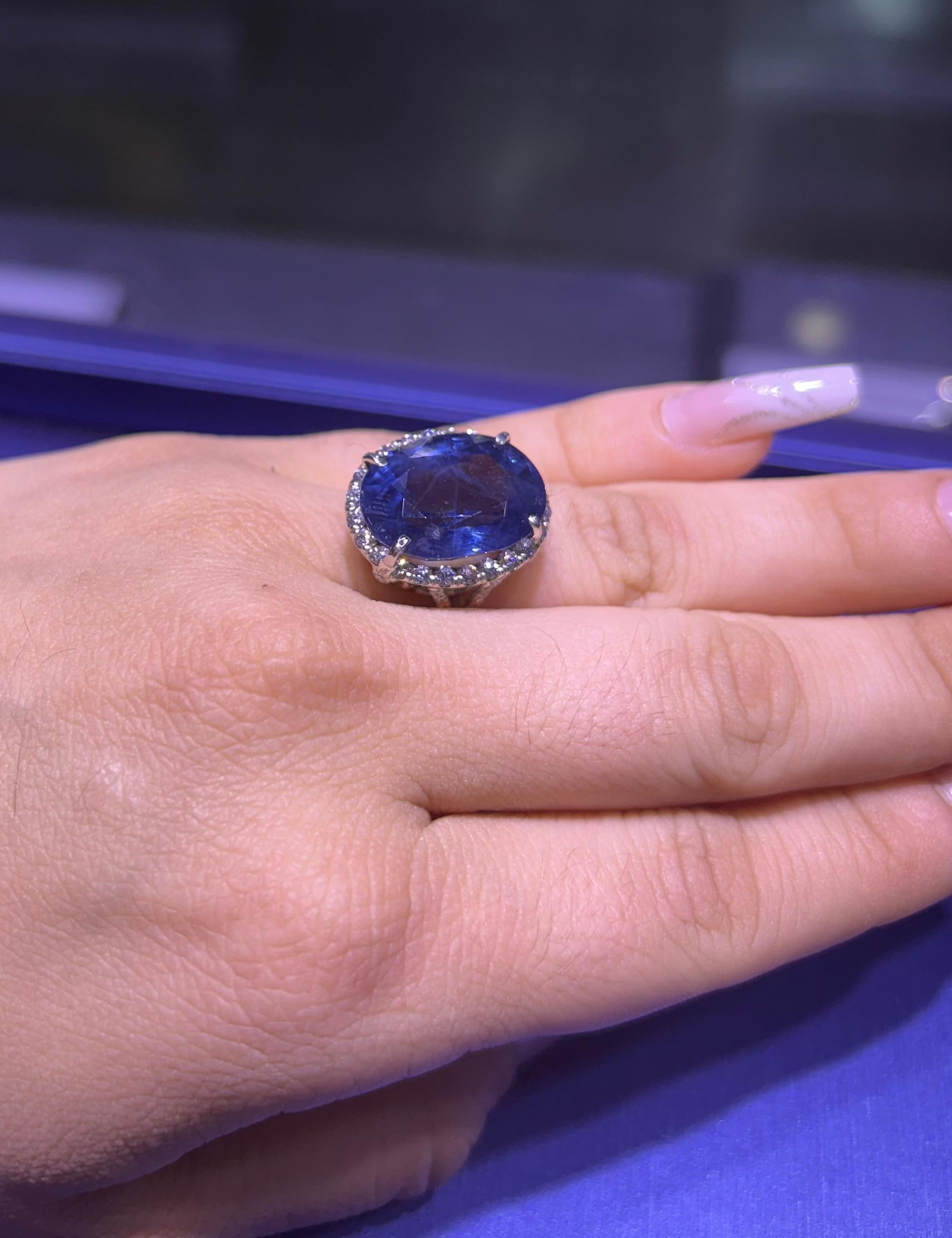 18 Karat Weißgold 18,41 Karat ovaler Saphir in der Mitte und 1 Karat natürliche Diamanten im Angebot 3