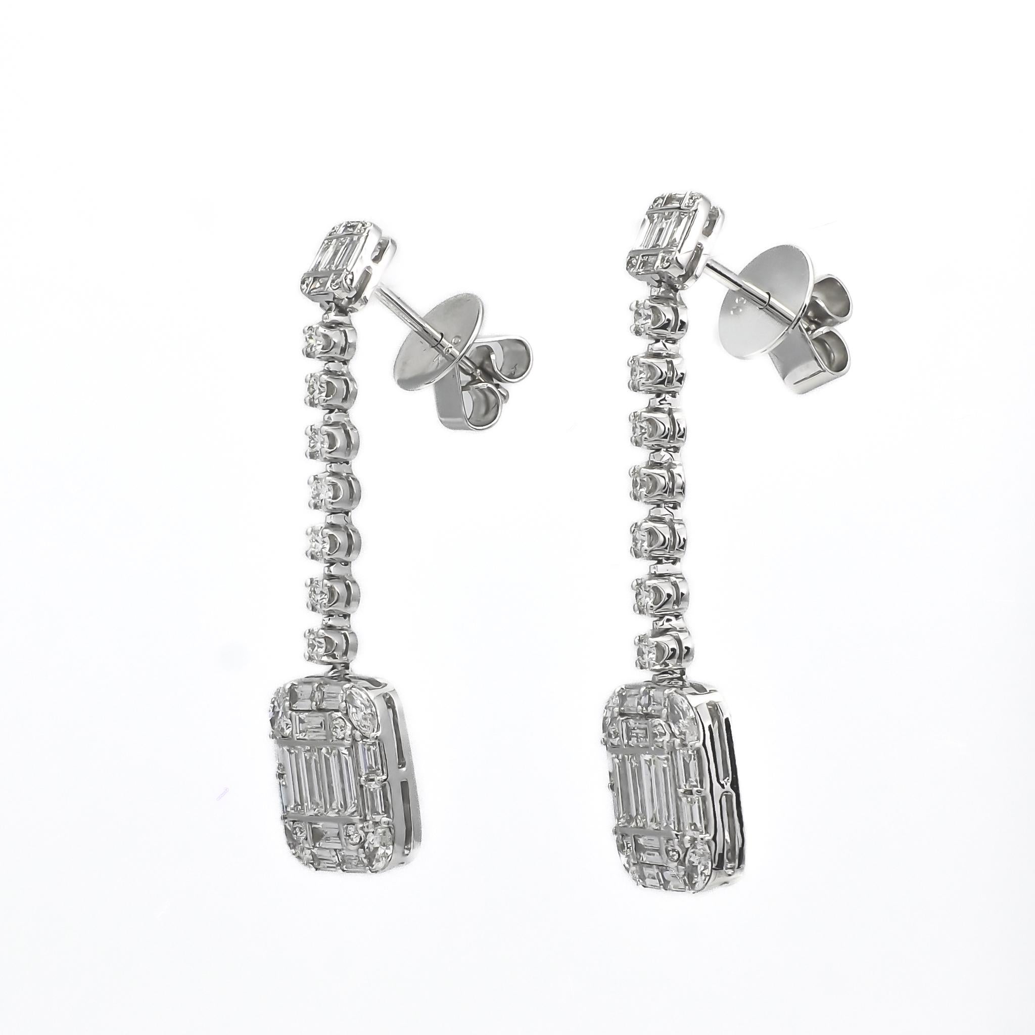 Baguette Cut Natural Diamond Earrings 2.07 cts 18 Karat White Gold Statement Earring For Sale