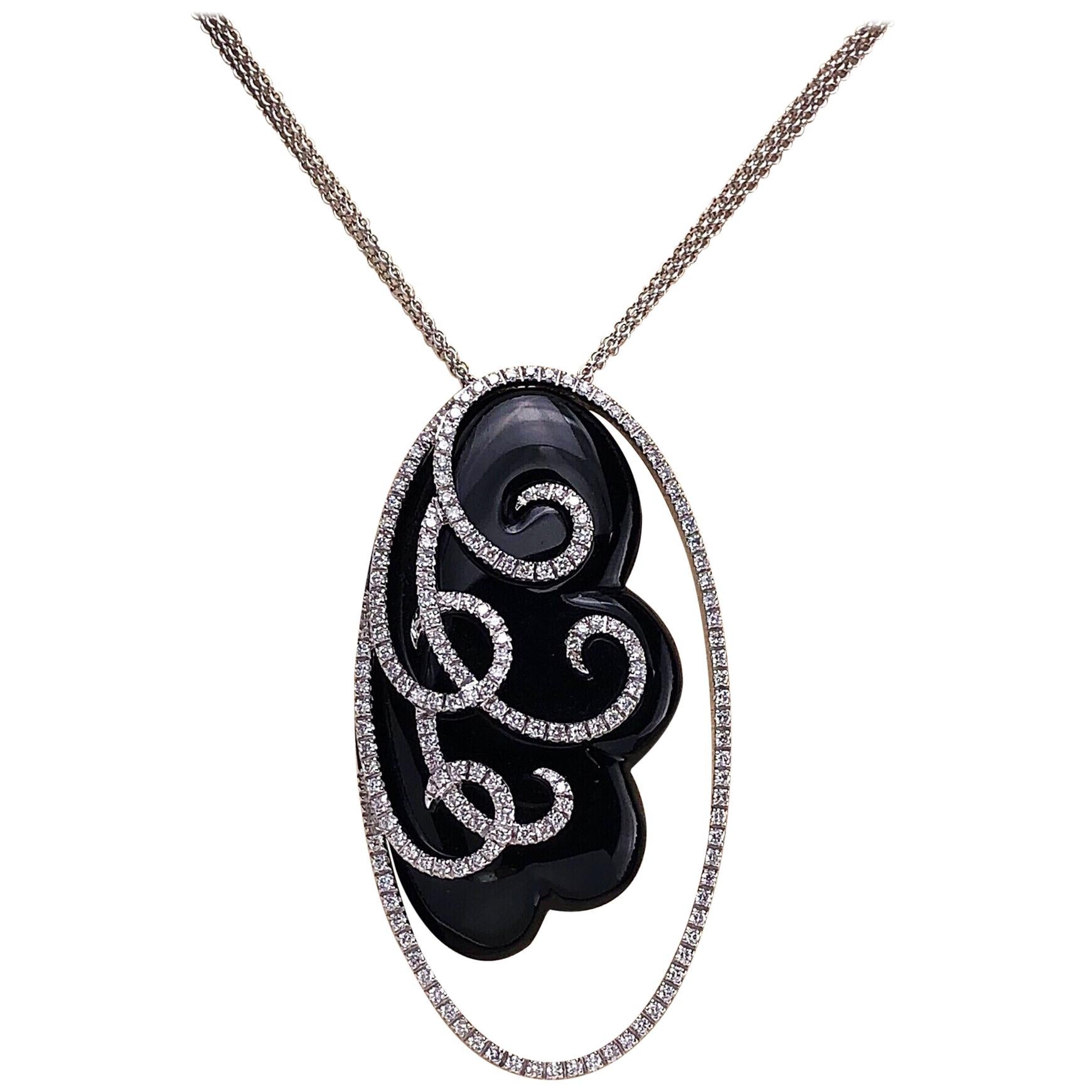 18 Karat White Gold, 2.04 Carat Diamond and Black Onyx Oval Pendant Necklace For Sale